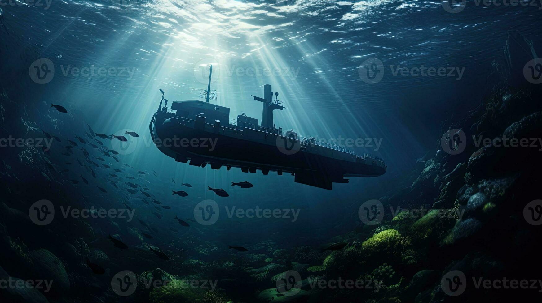 Underwater naval vessel on a mission. silhouette concept photo