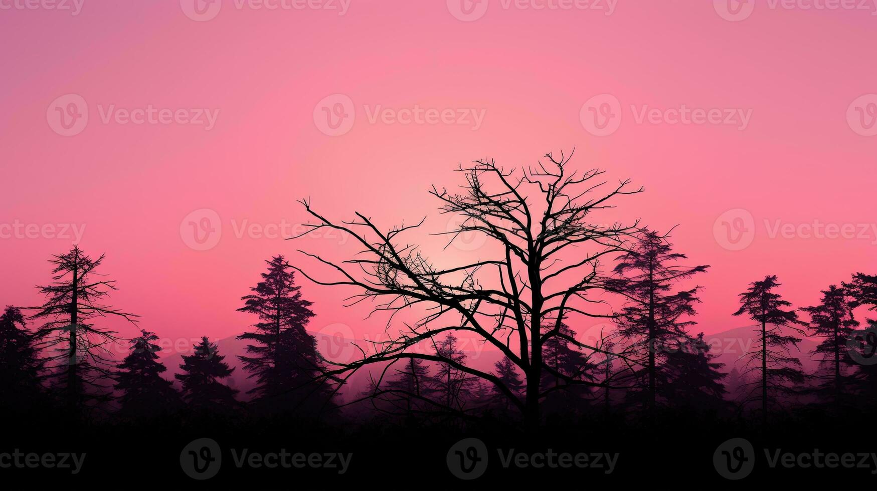 A vibrant pink sunset casts forest tree branches as silhouettes in a stunning display of contrasting tones photo