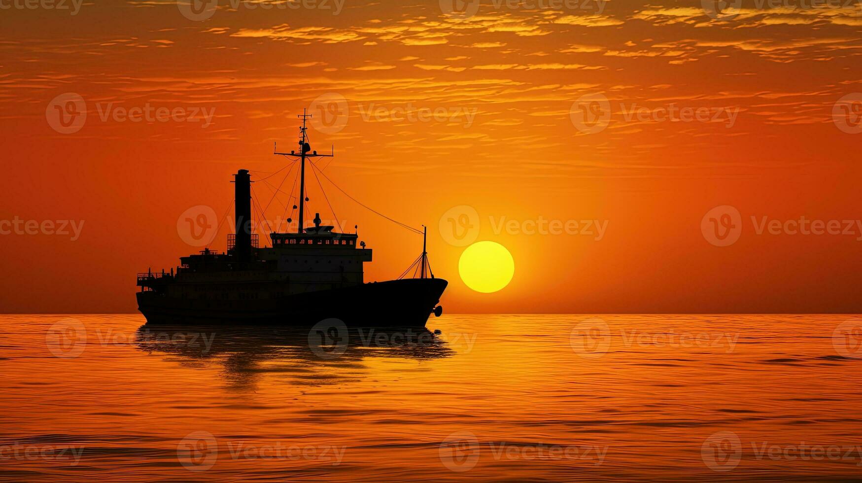 Ship silhouette at sunrise over golden sea photo