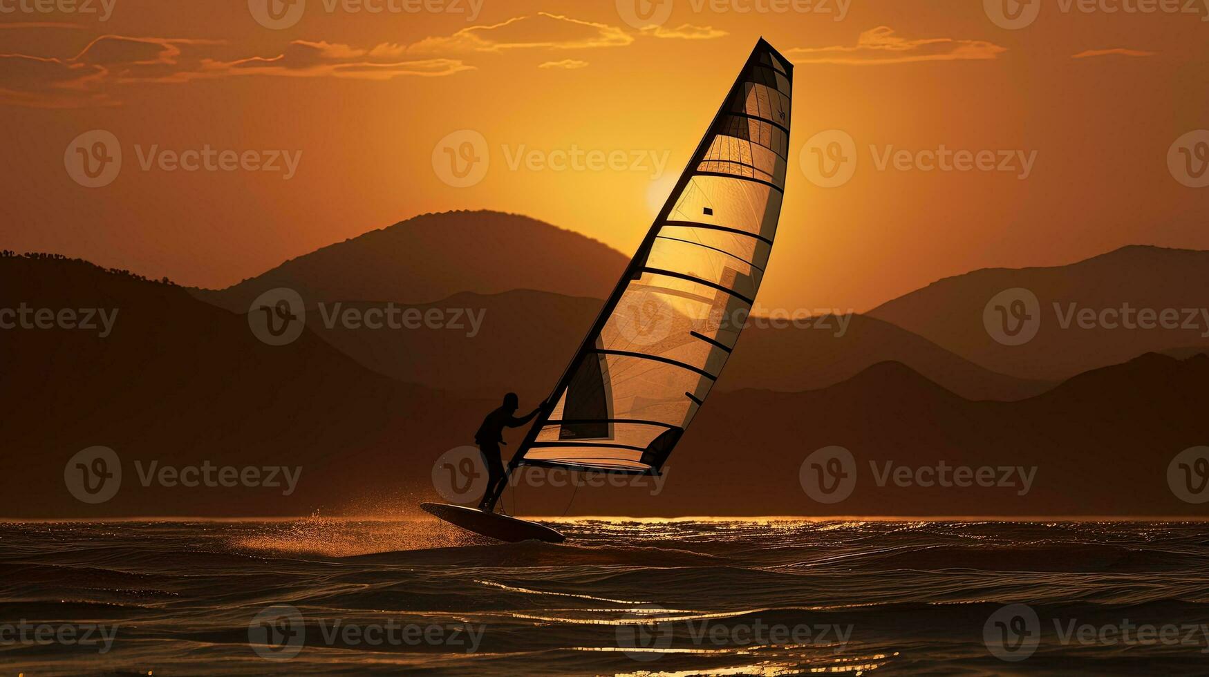 Wind surfer silhouette at dusk by Cabo Villan Galicia Spain photo