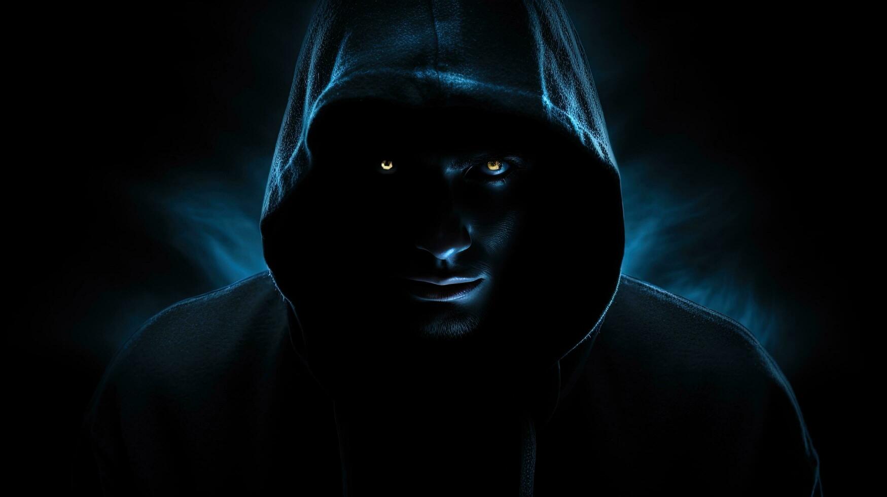 A frightening figure wearing a hood with sinister eyes and an empty face looking towards the camera. silhouette concept photo