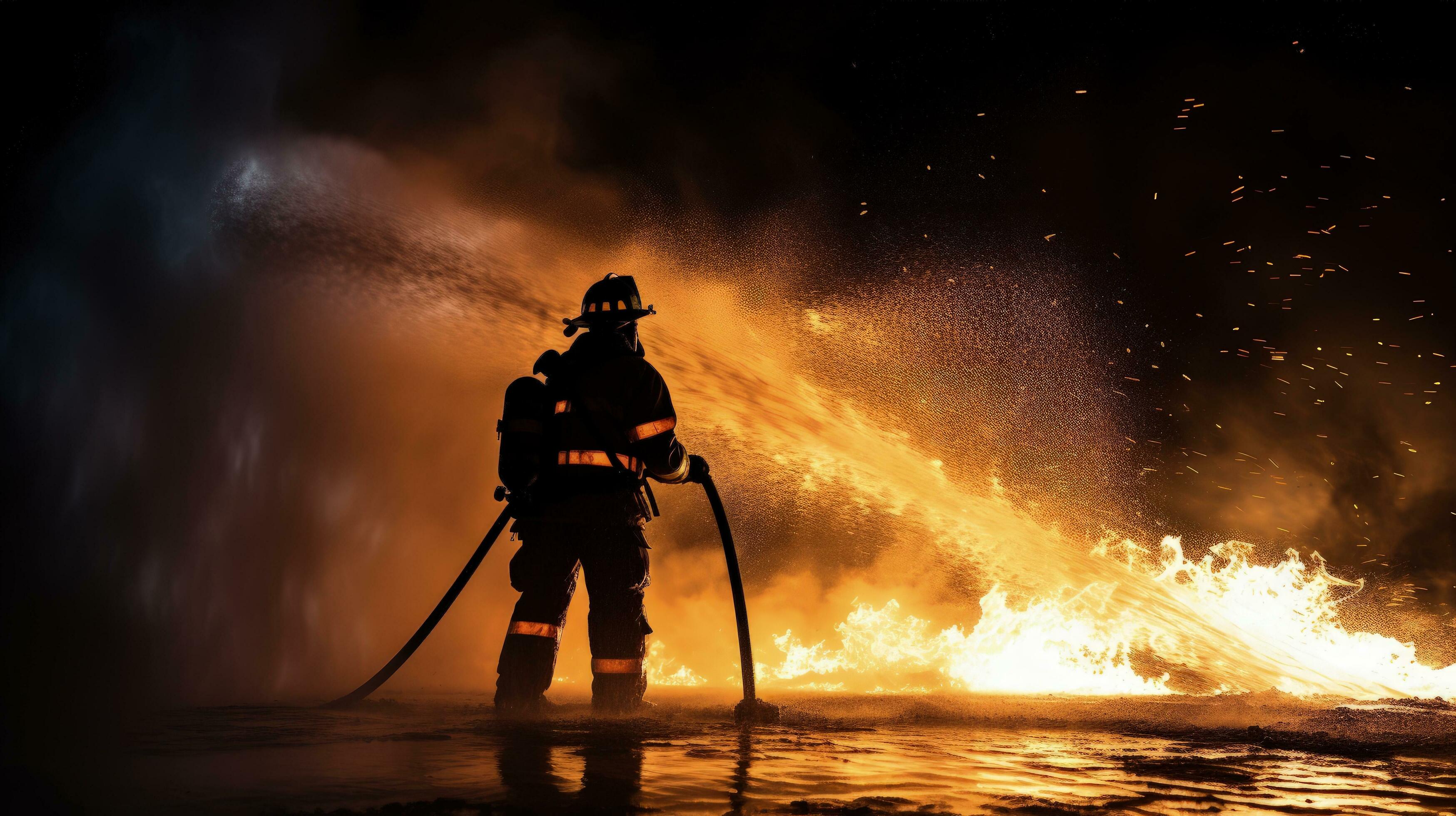 Firefighters using high pressure water to extinguish fires and save lives.  silhouette concept 27597077 Stock Photo at Vecteezy