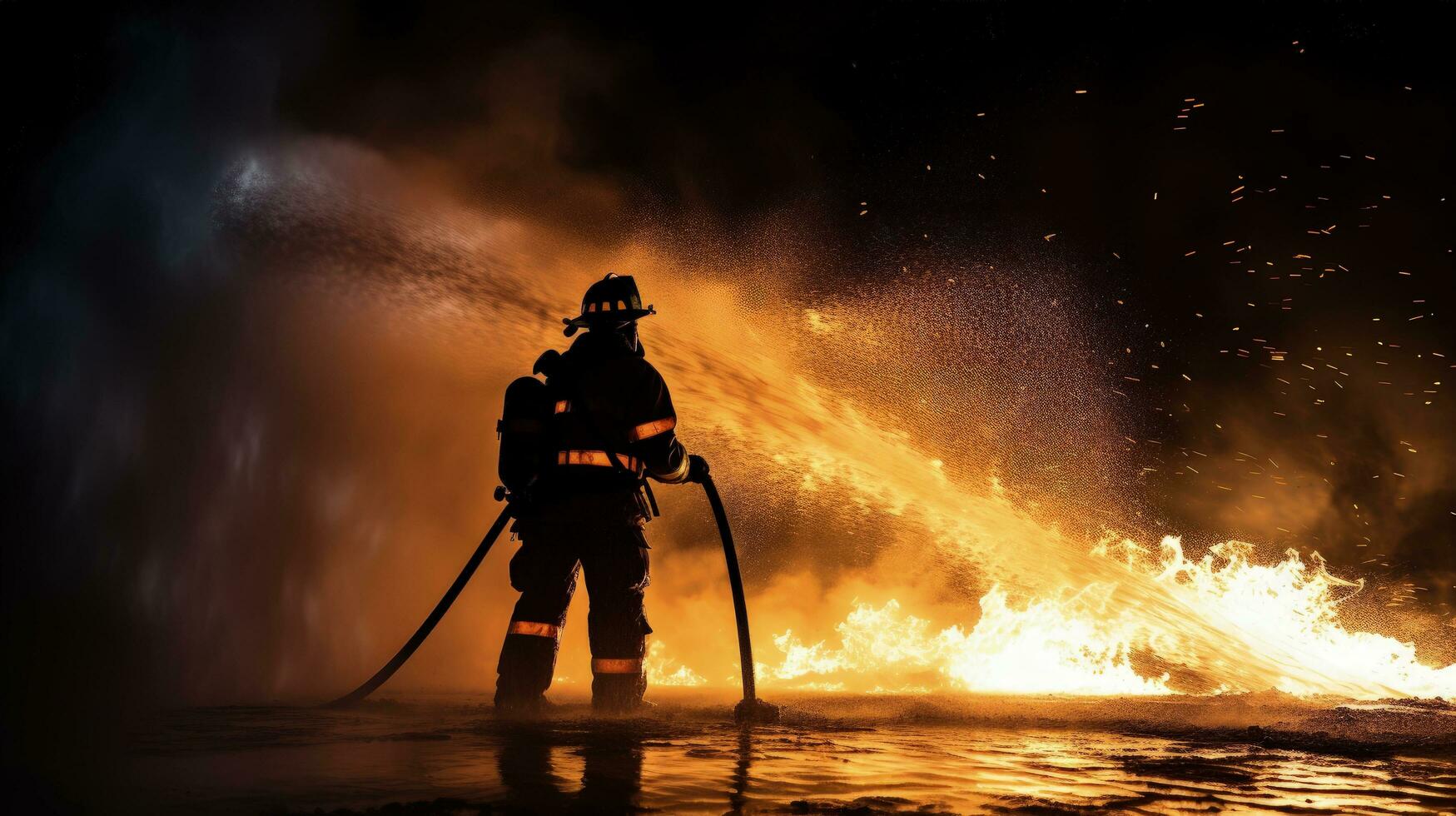 Firefighters using high pressure water to extinguish fires and save lives. silhouette concept photo