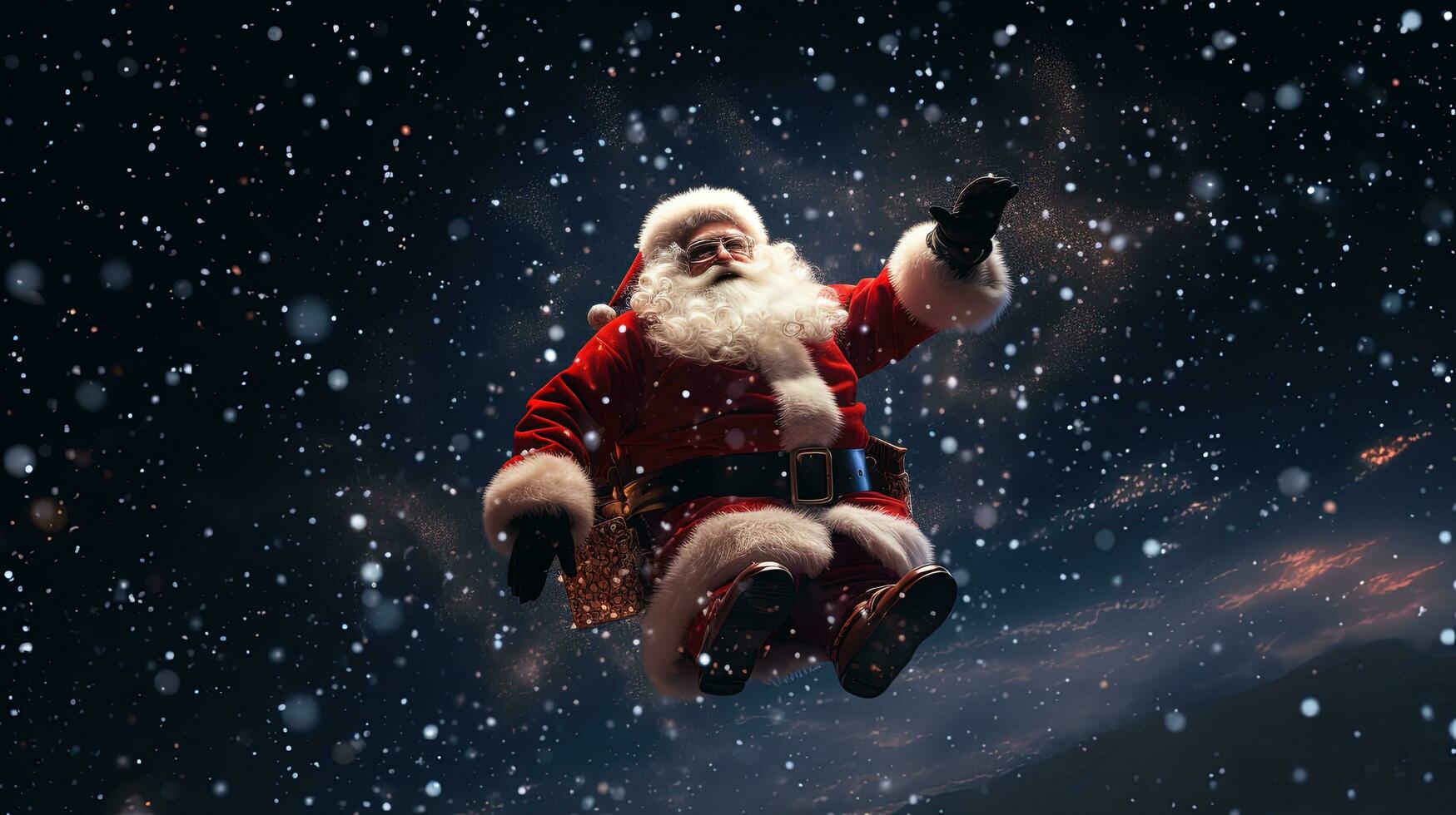Santa Claus flies in the night sky on Christmas Eve with snow. silhouette concept photo