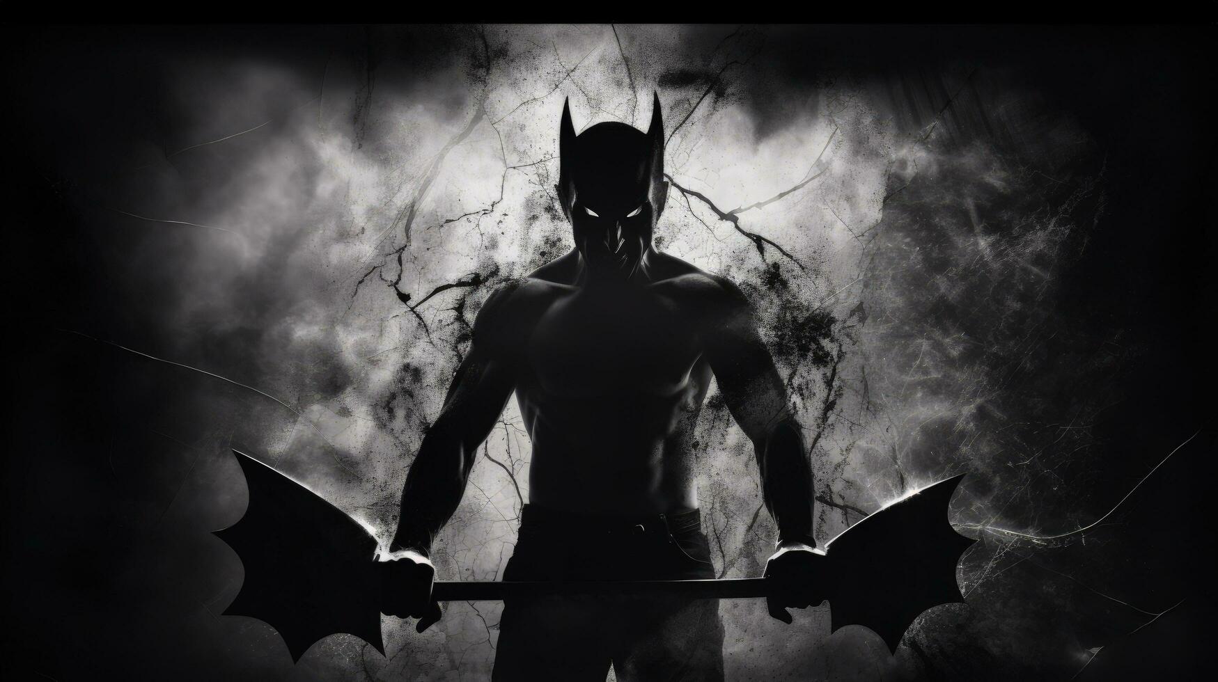 Halloween portrait shows bat wielding dangerous man behind frosted glass. silhouette concept photo