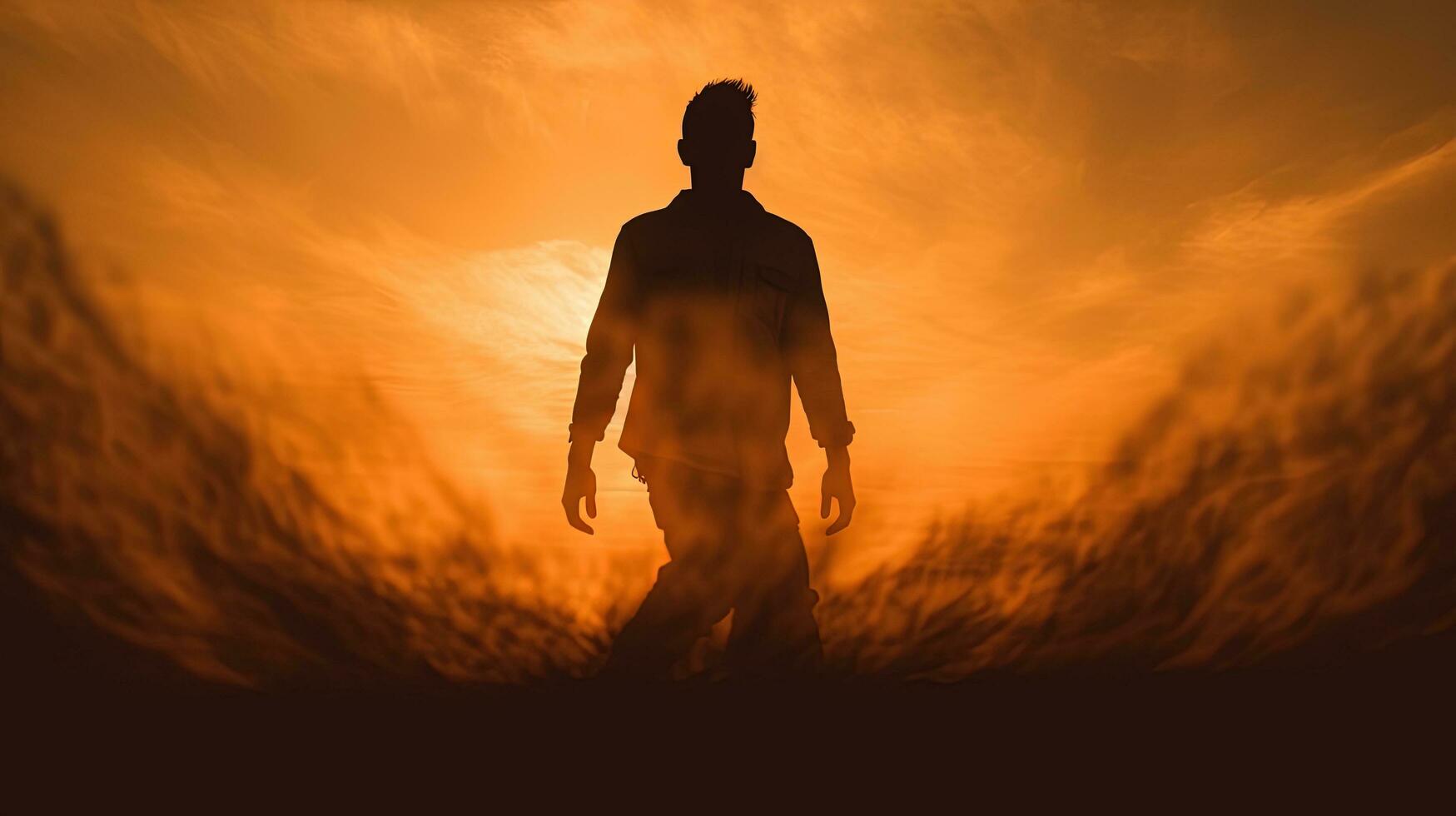 Man s silhouette in front of the setting sun photo