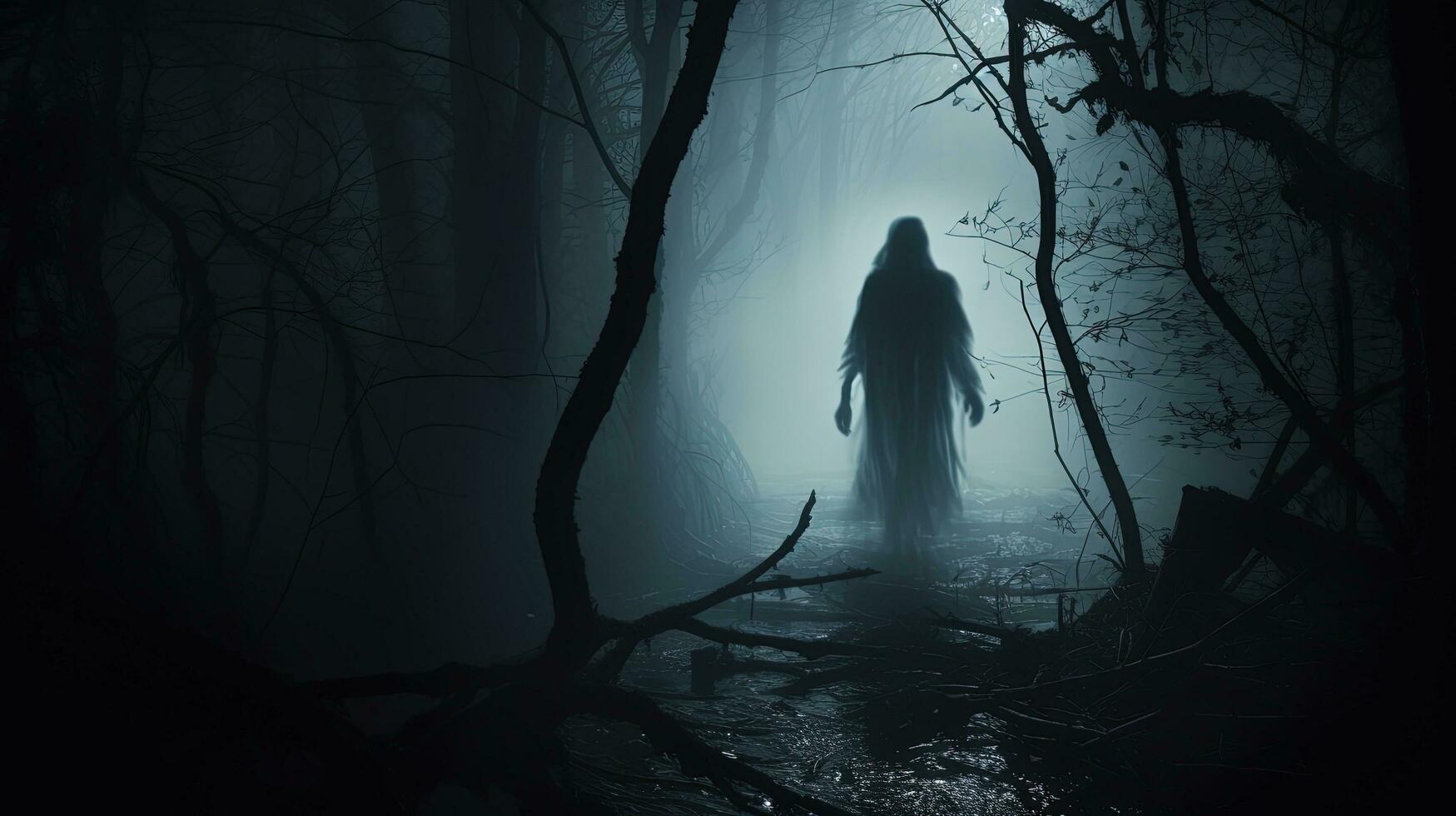 Eerie ghost in horrifying wooded scenery. silhouette concept photo