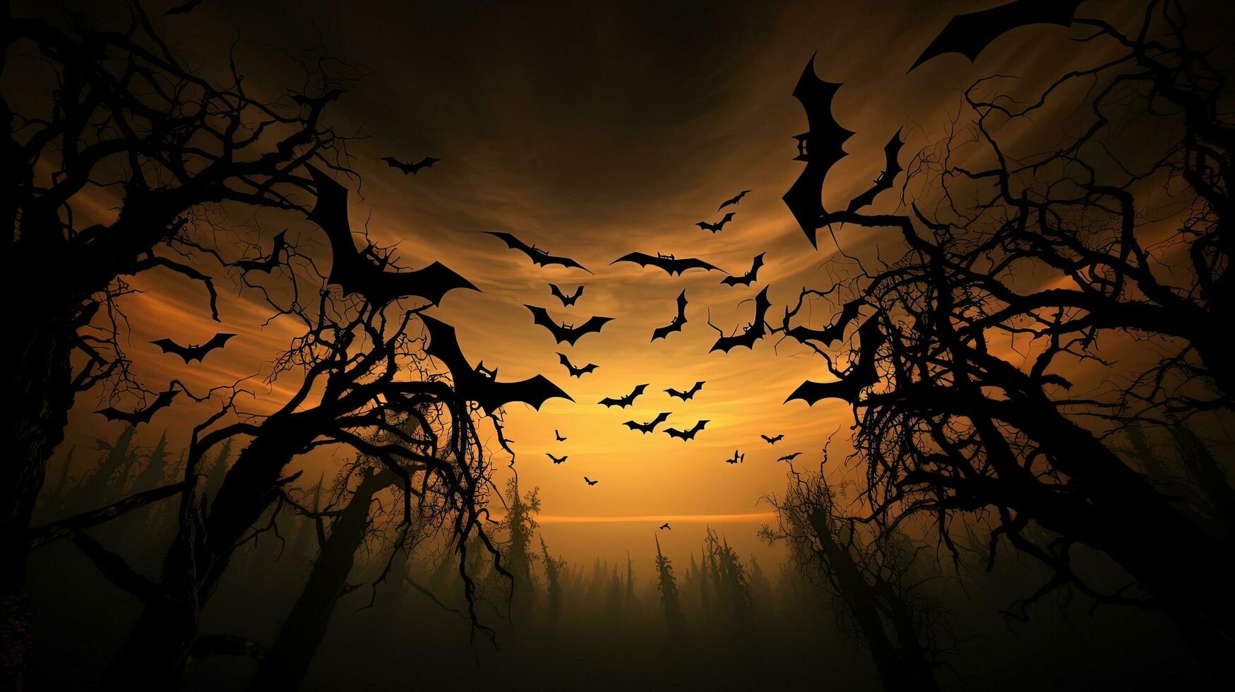 Halloween motifs group of bats perched on a tree. silhouette concept photo