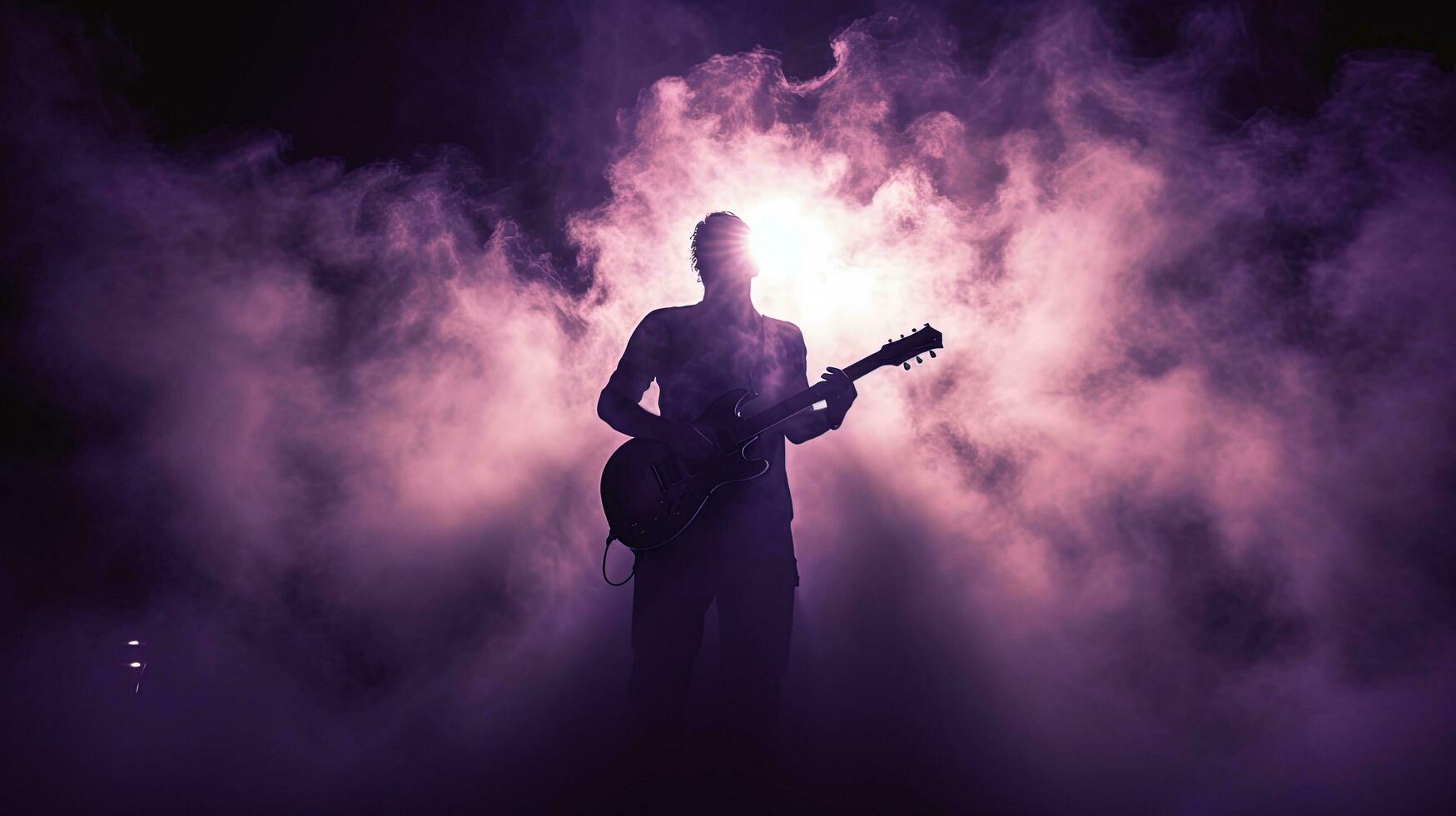 Retro style photo of guitarist s silhouette surrounded by smoke in concert