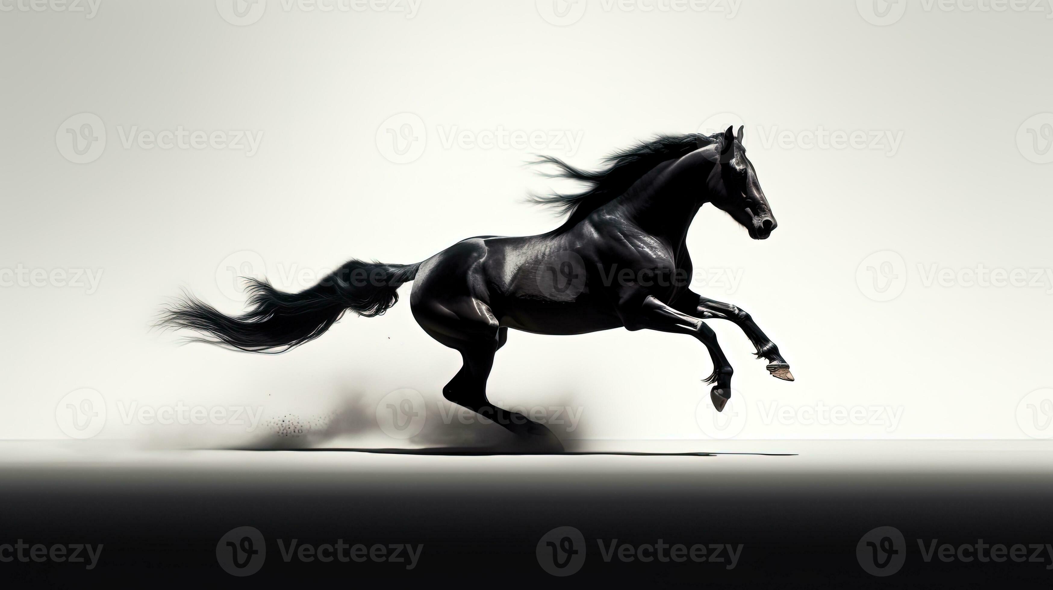 Fast galloping black and white horse casting shadow while art minimalist. silhouette concept