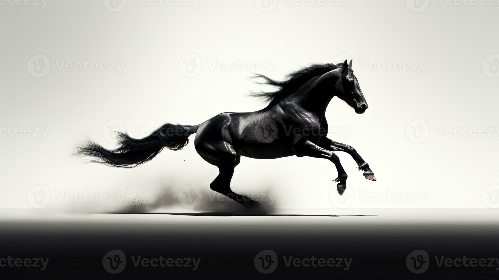 rápido Galopando negro y blanco caballo fundición sombra mientras Arte minimalista silueta concepto foto