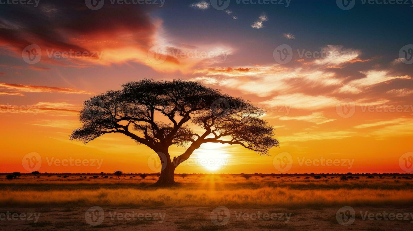 Sunset on African plains with acacia tree Kalahari desert South Africa. silhouette concept photo