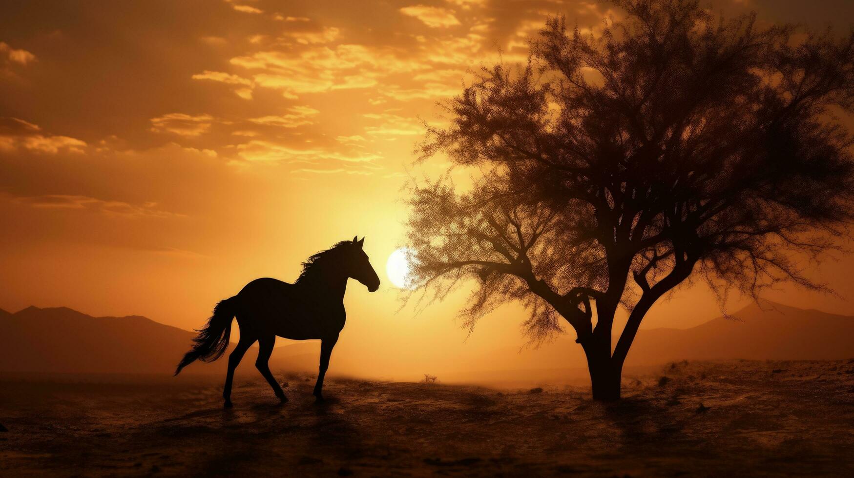 Sepia toned silhouette of Arabian horse grazing beneath sun photo
