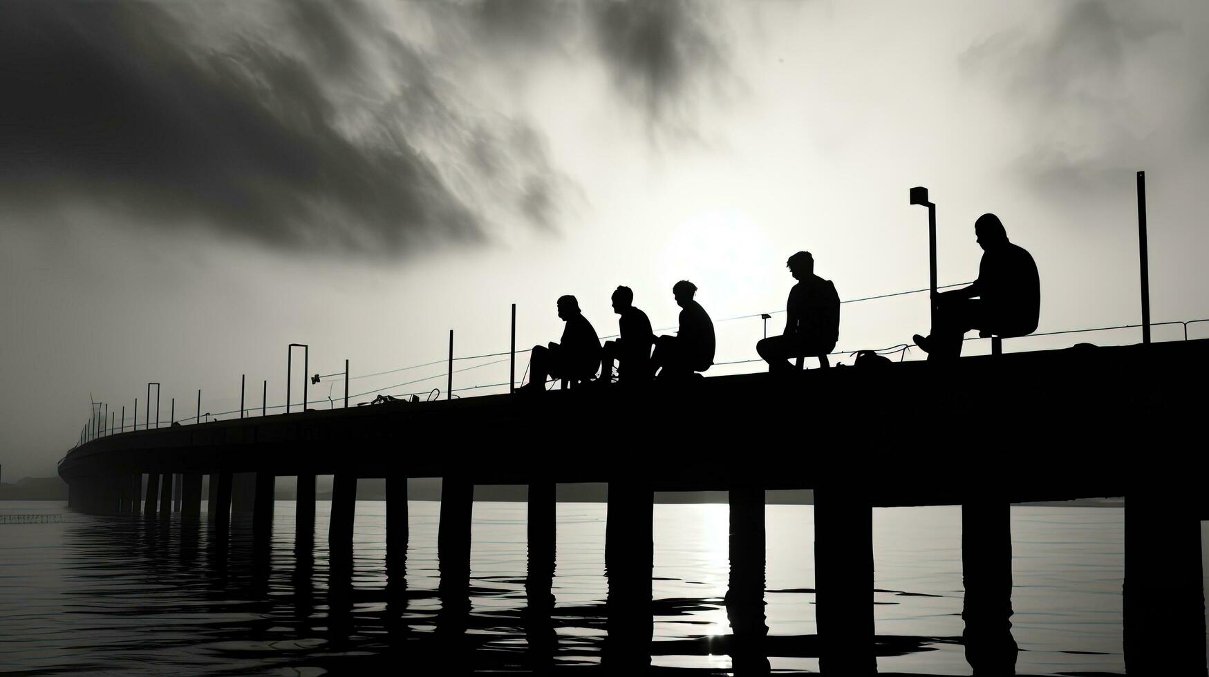 negro y blanco fotografía de personas descansando en un mar muelle. silueta concepto foto