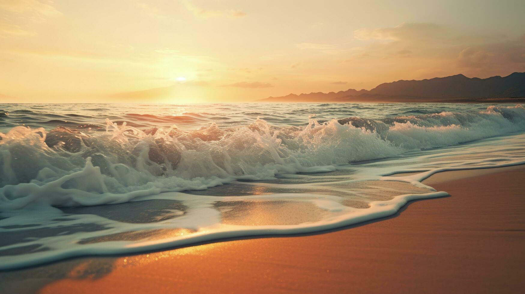 Calm peaceful beach with sunset waves white sand seaweed. silhouette concept photo