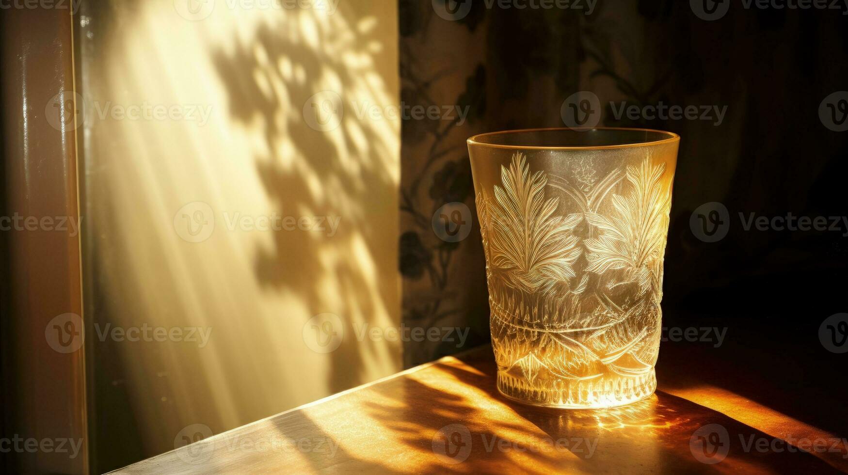 Golden light shines through textured glass at dawn. silhouette concept photo