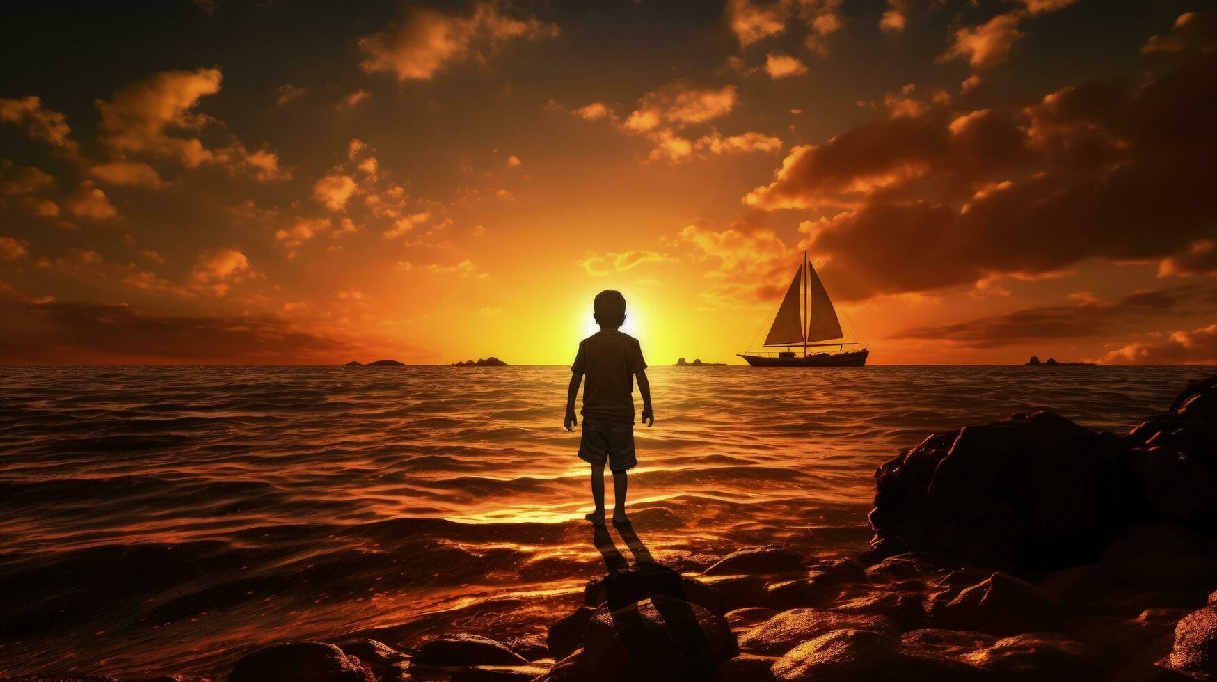 Boy s outline in sunset on the sea. silhouette concept photo