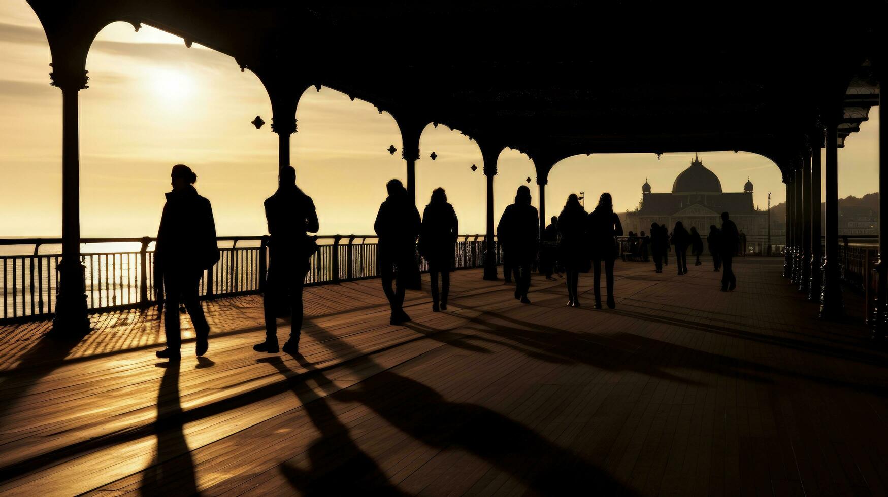 Dark figures of individuals on Scarborough pier. silhouette concept photo