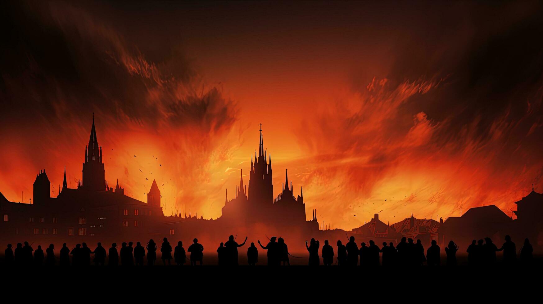 Silhouettes of churches in the Munich skyline against a fiery sunset photo