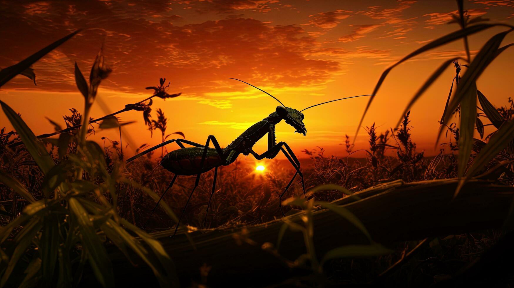 Wildlife photography capturing a praying mantis with a sunset. silhouette concept photo