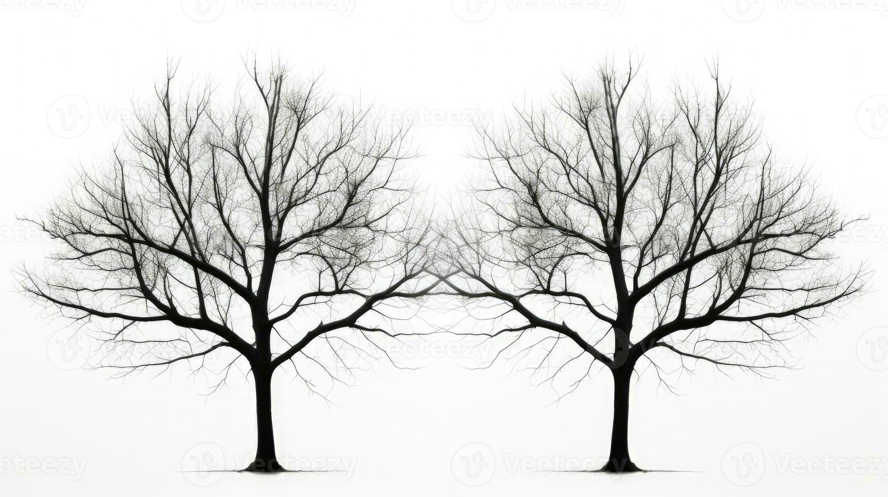 Photo of black twin trees with no leaves against a white backdrop. silhouette concept