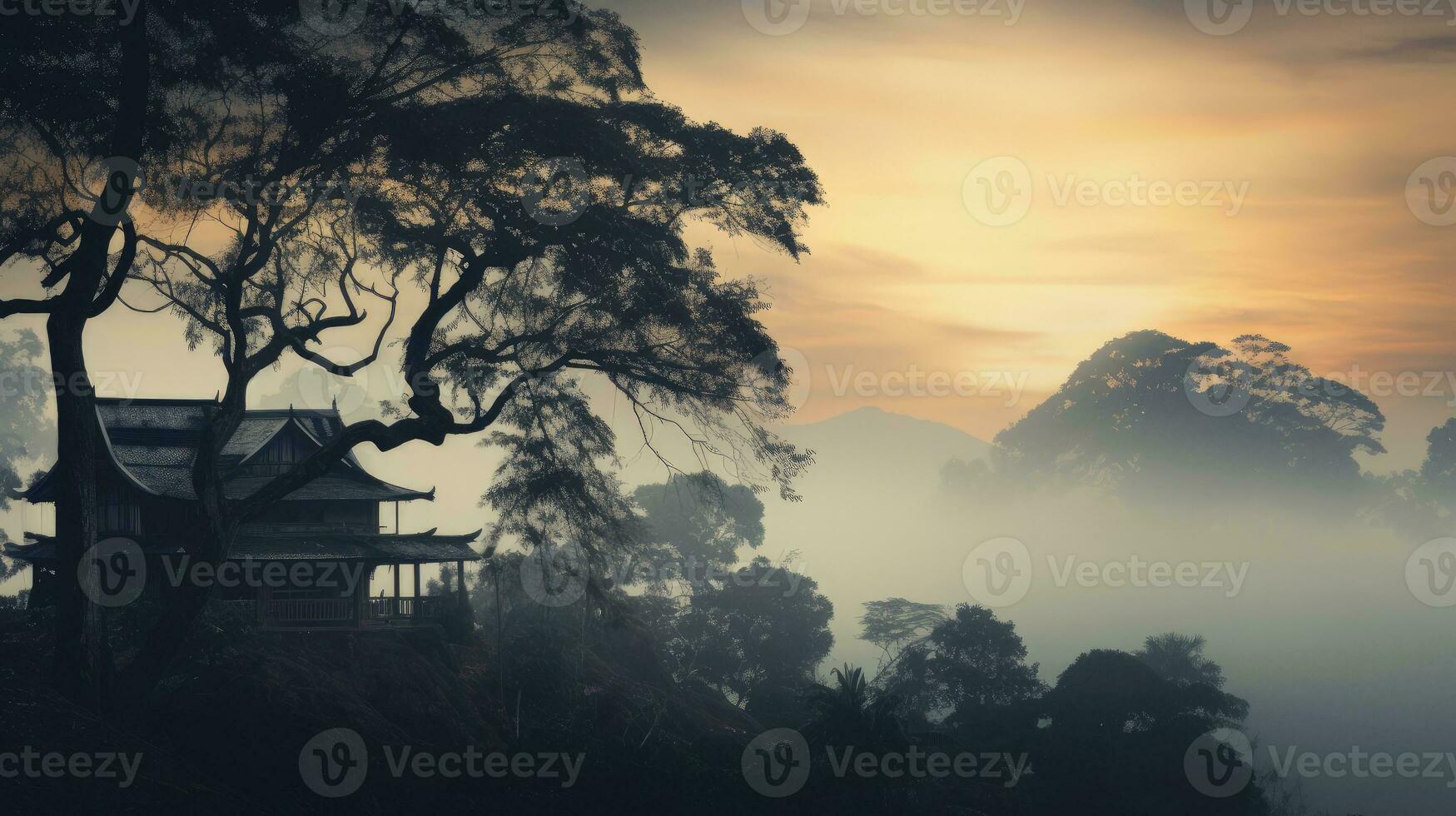 Vintage appearance of Thai hill Khao Krachom displaying fog trees and house. silhouette concept photo