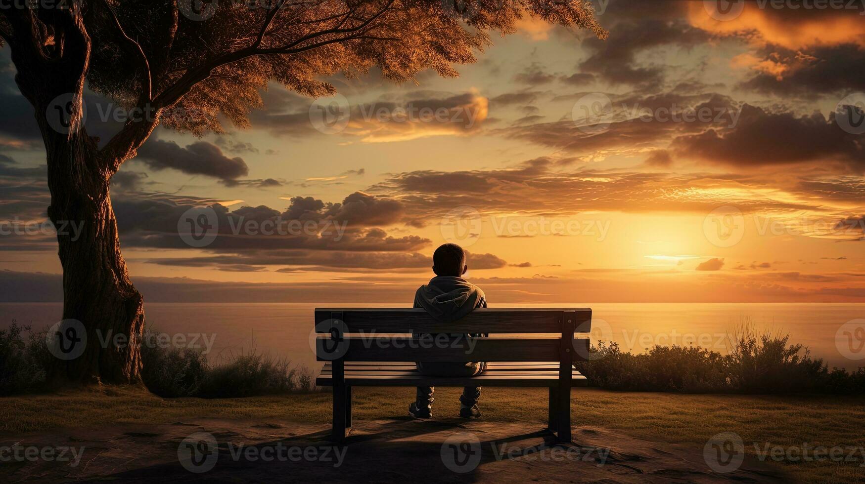 A bench in front of a sunset view with a boy sitting on it. silhouette concept photo