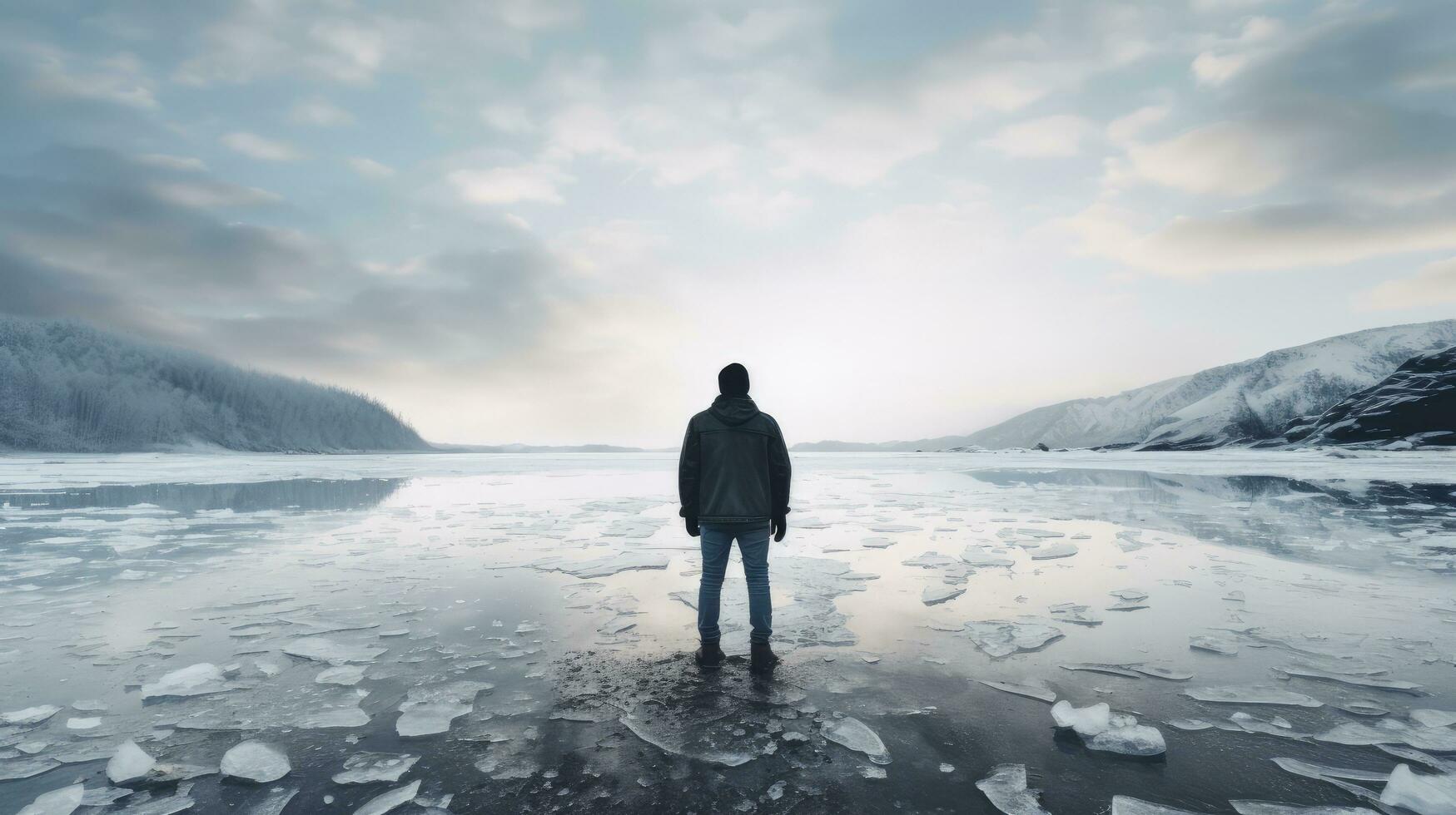 Man looking at an icy lake from a sandy beach on a cold spring day Walking touristic theme with a rear view and natural background. silhouette concept photo