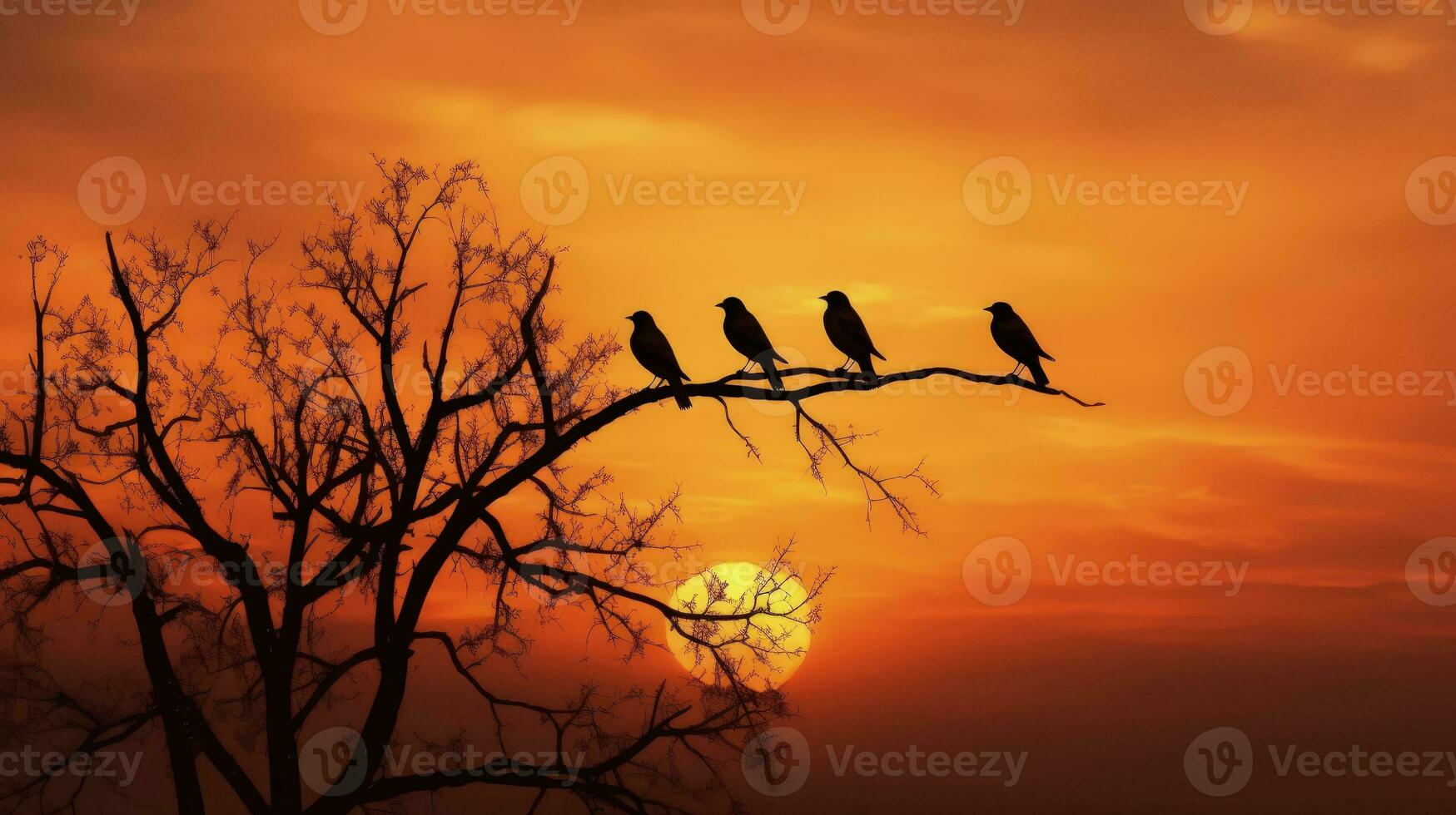 Birds in silhouette perched on trees in a dusky sky photo