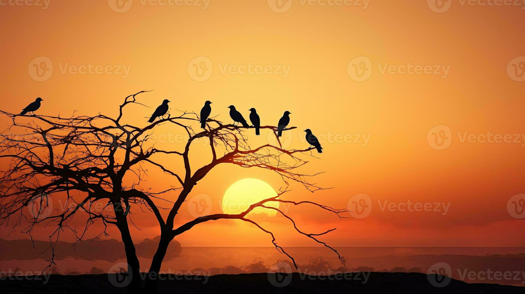 Birds in silhouette perched on trees in a dusky sky photo