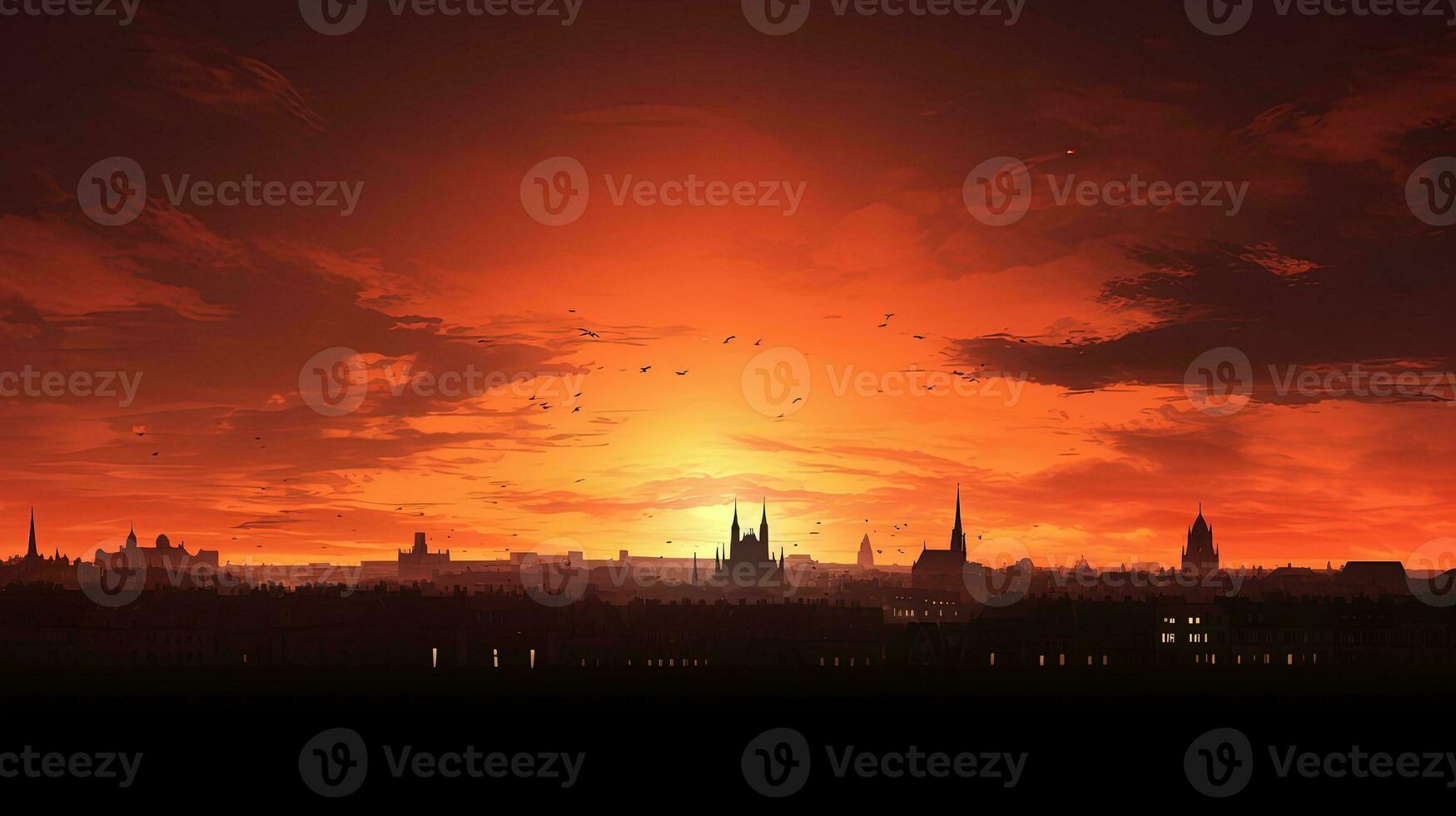 Silhouettes of churches in the Munich skyline against a fiery sunset photo