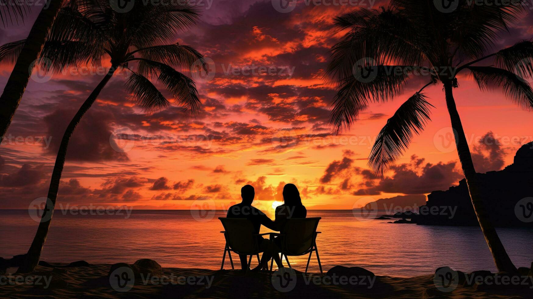 romántico Pareja en un playa debajo palma arboles durante puesta de sol. silueta concepto foto