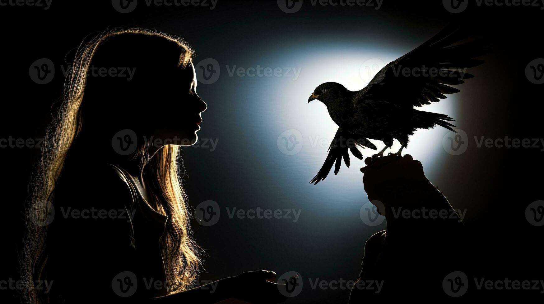Girl and pigeon silhouettes in a conceptual design photo