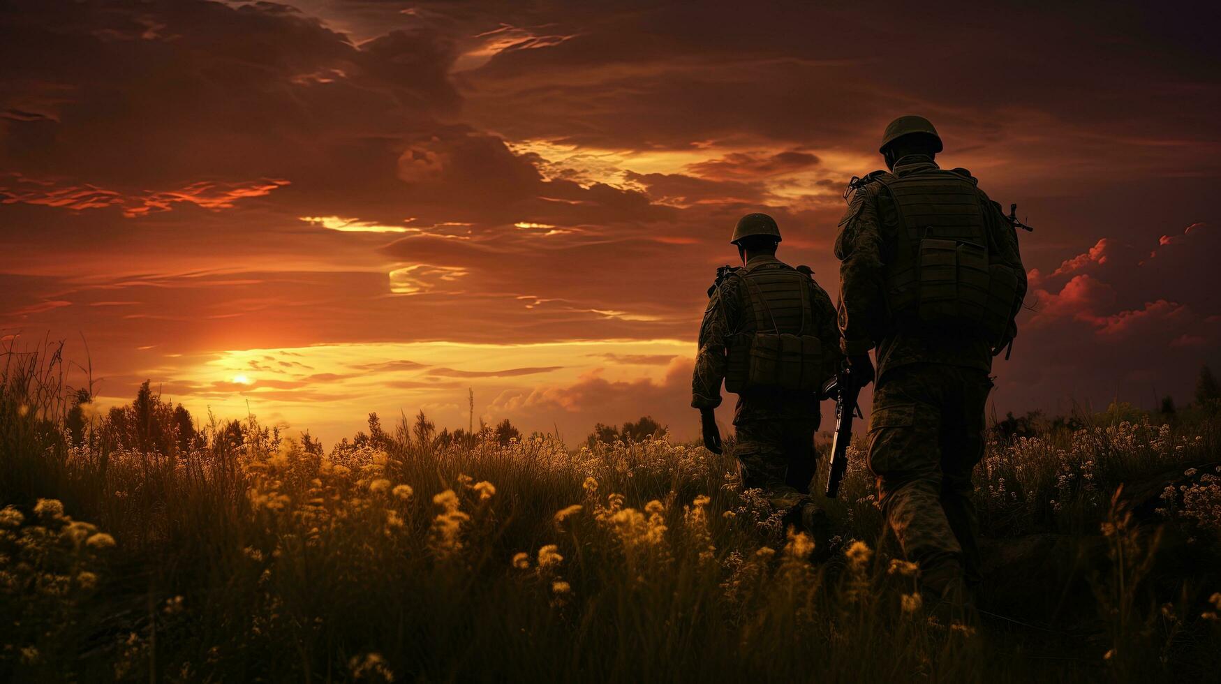 Pair of soldiers at sundown. silhouette concept photo