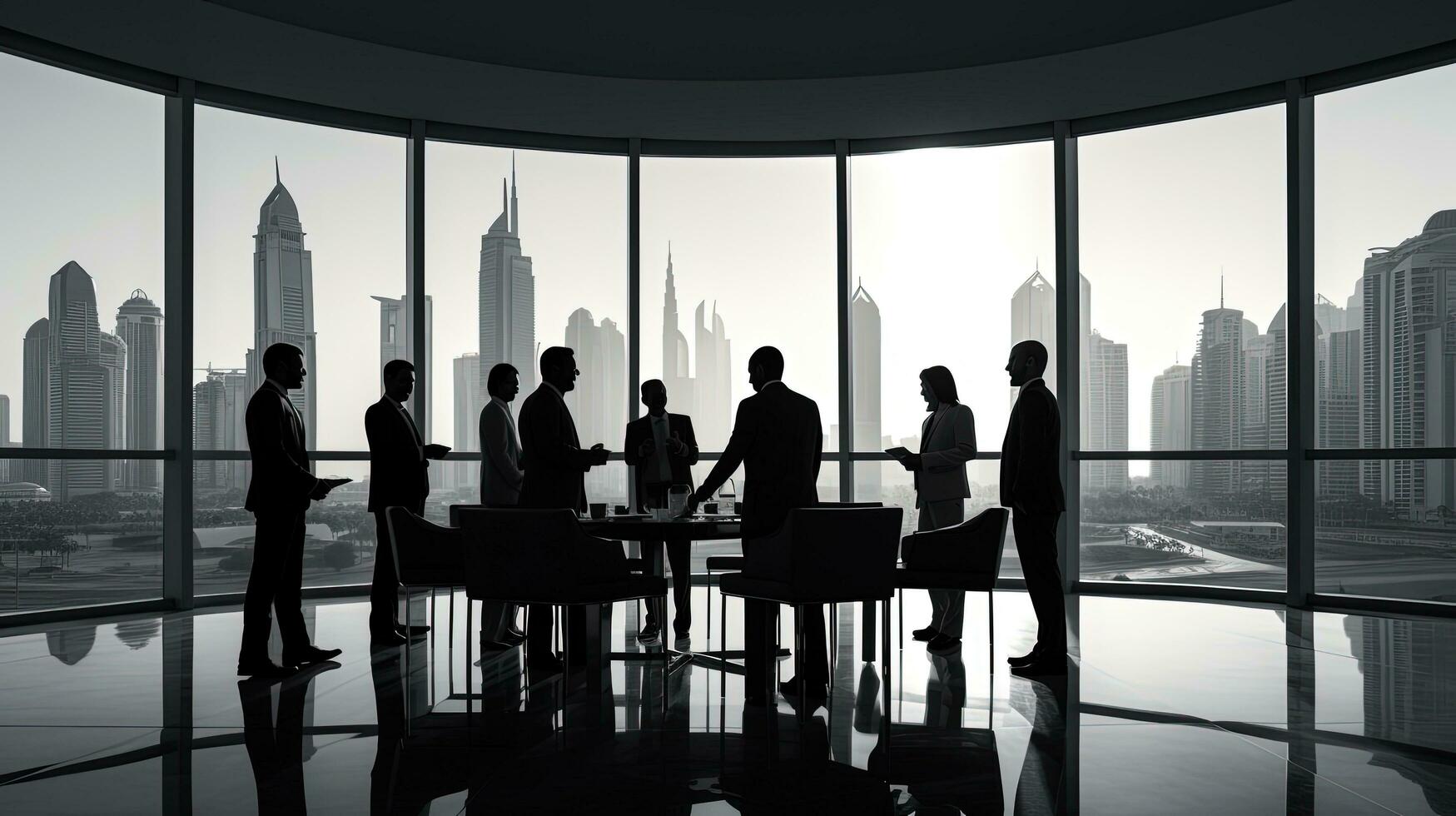 Business individuals are having a black and white conversation in Dubai to form a partnership agreement. silhouette concept photo