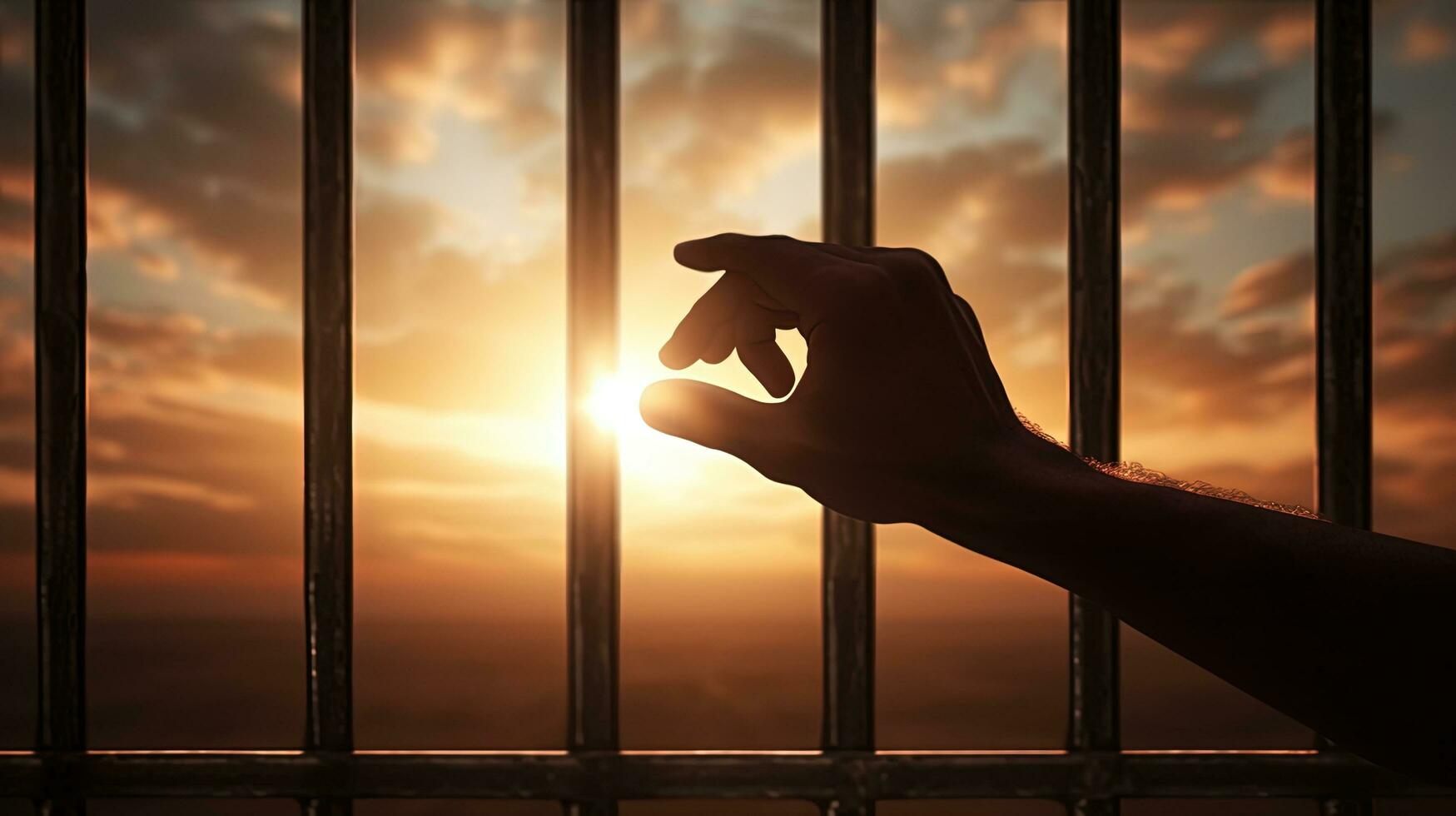 Seeking freedom hand grips prison bars. silhouette concept photo