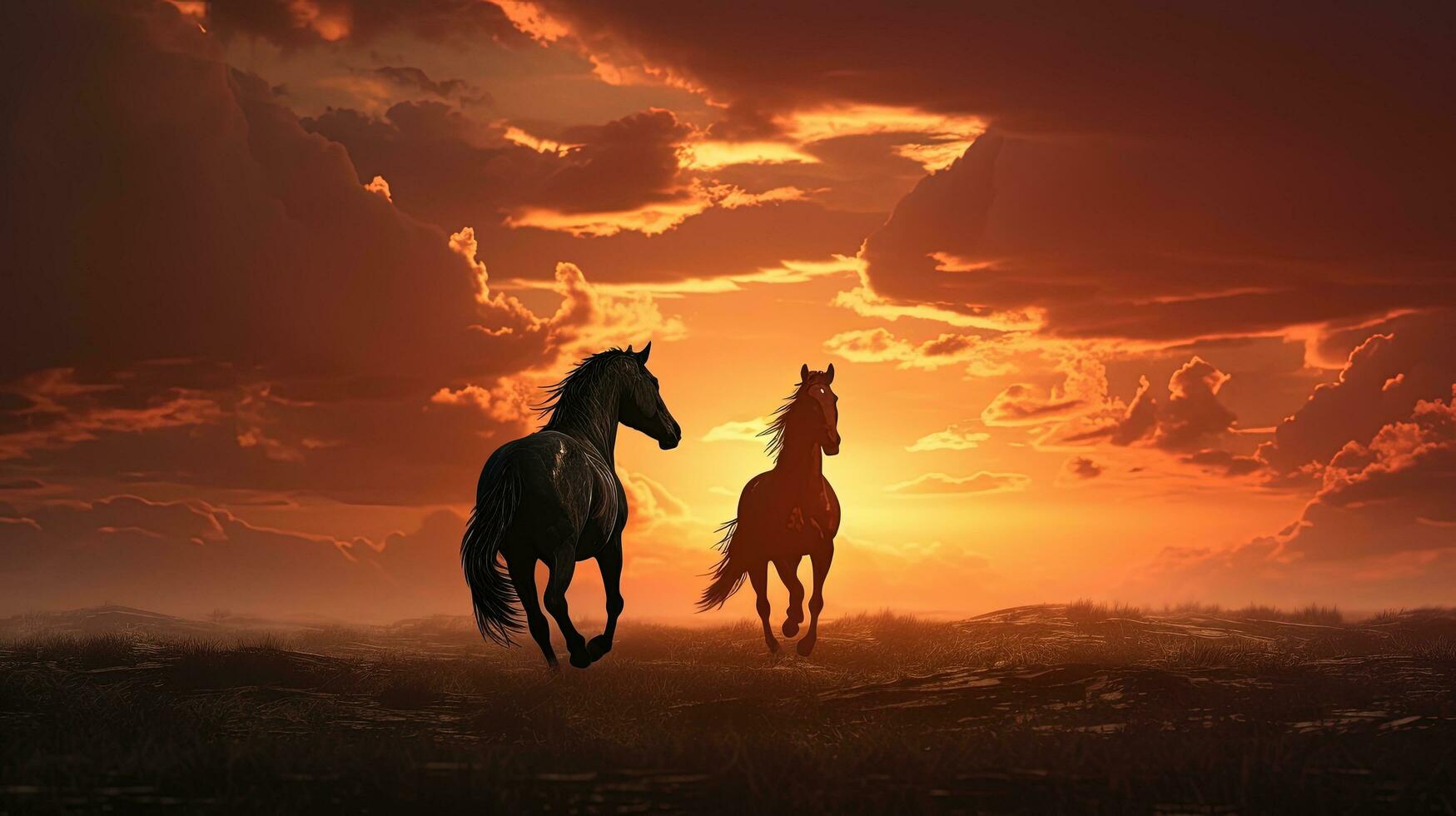 Horses on the field at sunset. silhouette concept photo