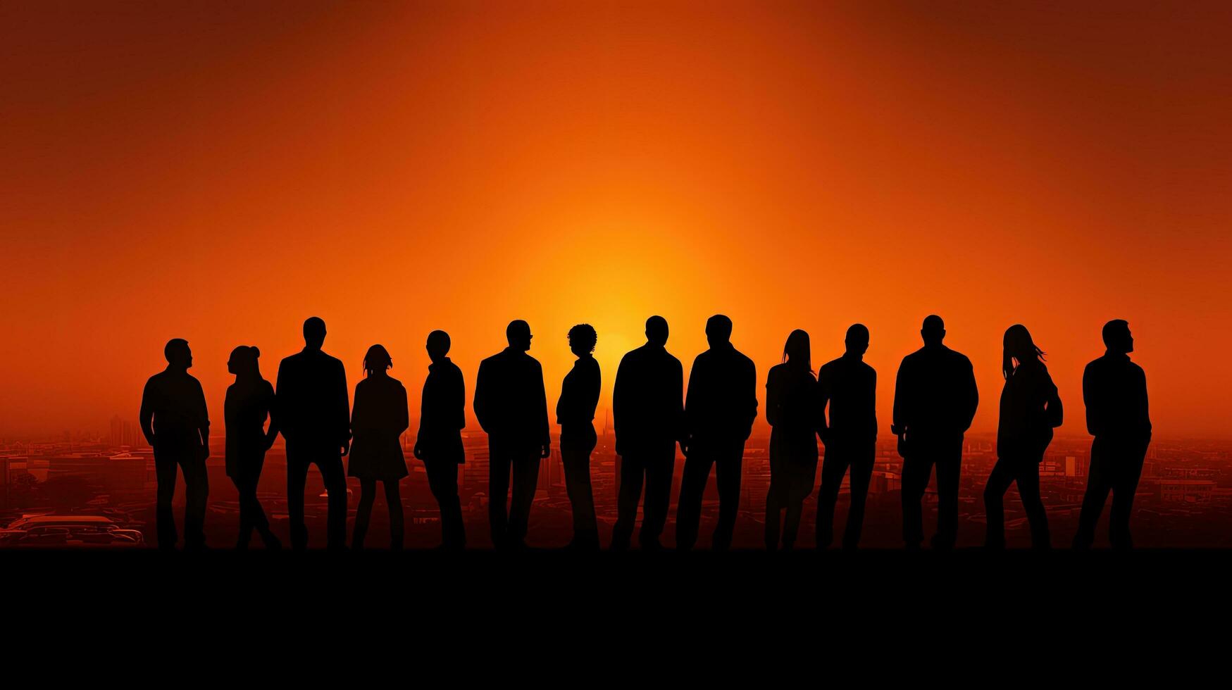 People s silhouettes against an orange sunset photo