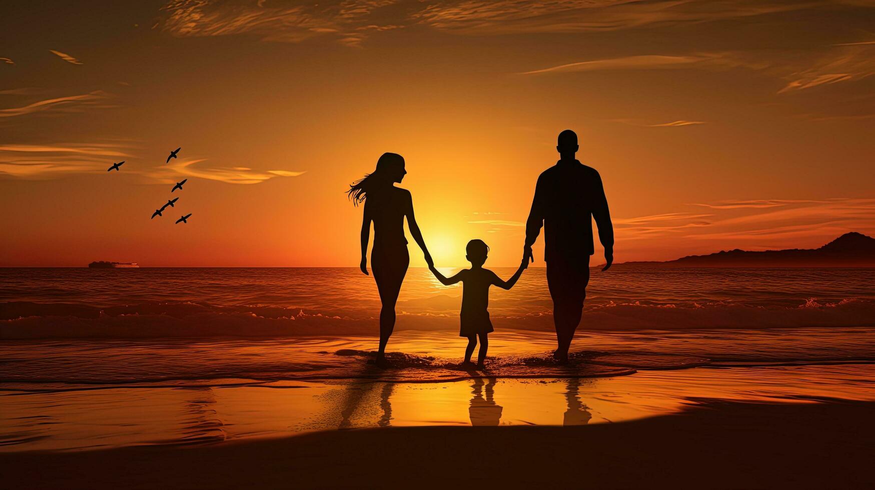 familia silueta jugando en el playa a puesta de sol foto