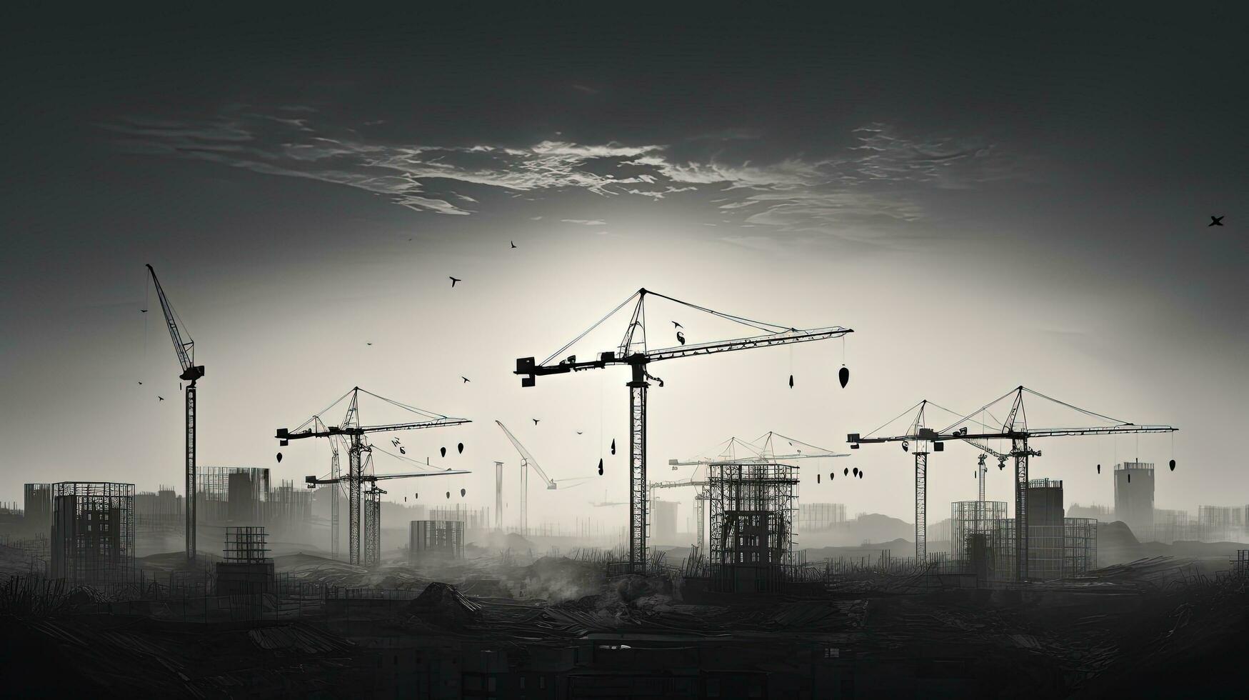 Black and white photo of construction sites with several cranes. silhouette concept