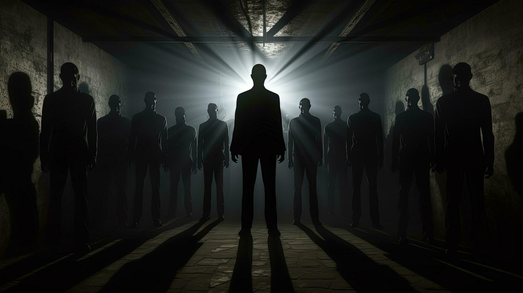 Spooky silhouettes of horror zombies standing in a dark abandoned building photo