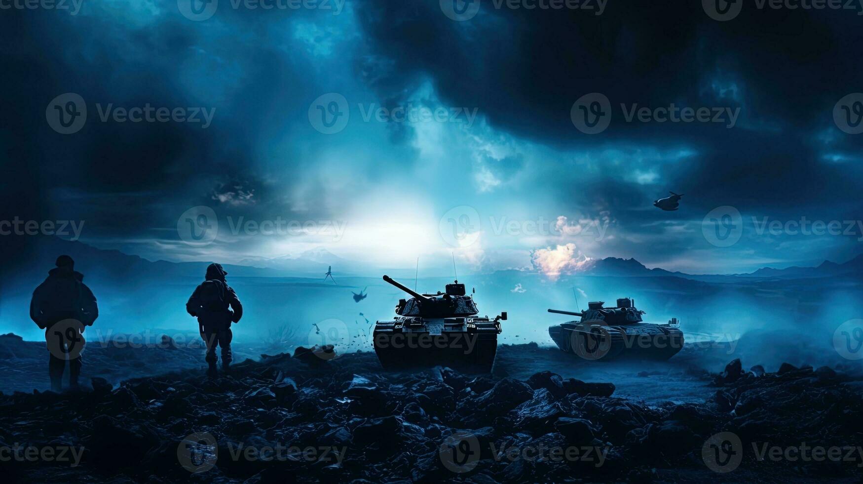 Silhouettes of soldiers fighting in war with tanks and armored vehicles below a cloudy skyline at night photo