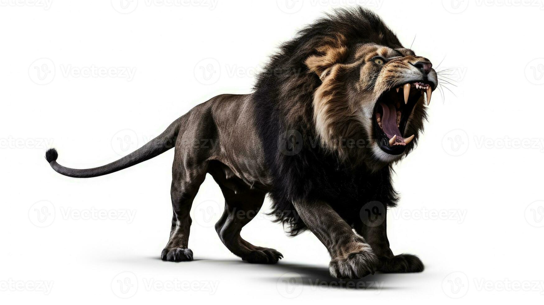 Adult male lion Panthera leo jumping with open mouth on white background. silhouette concept photo