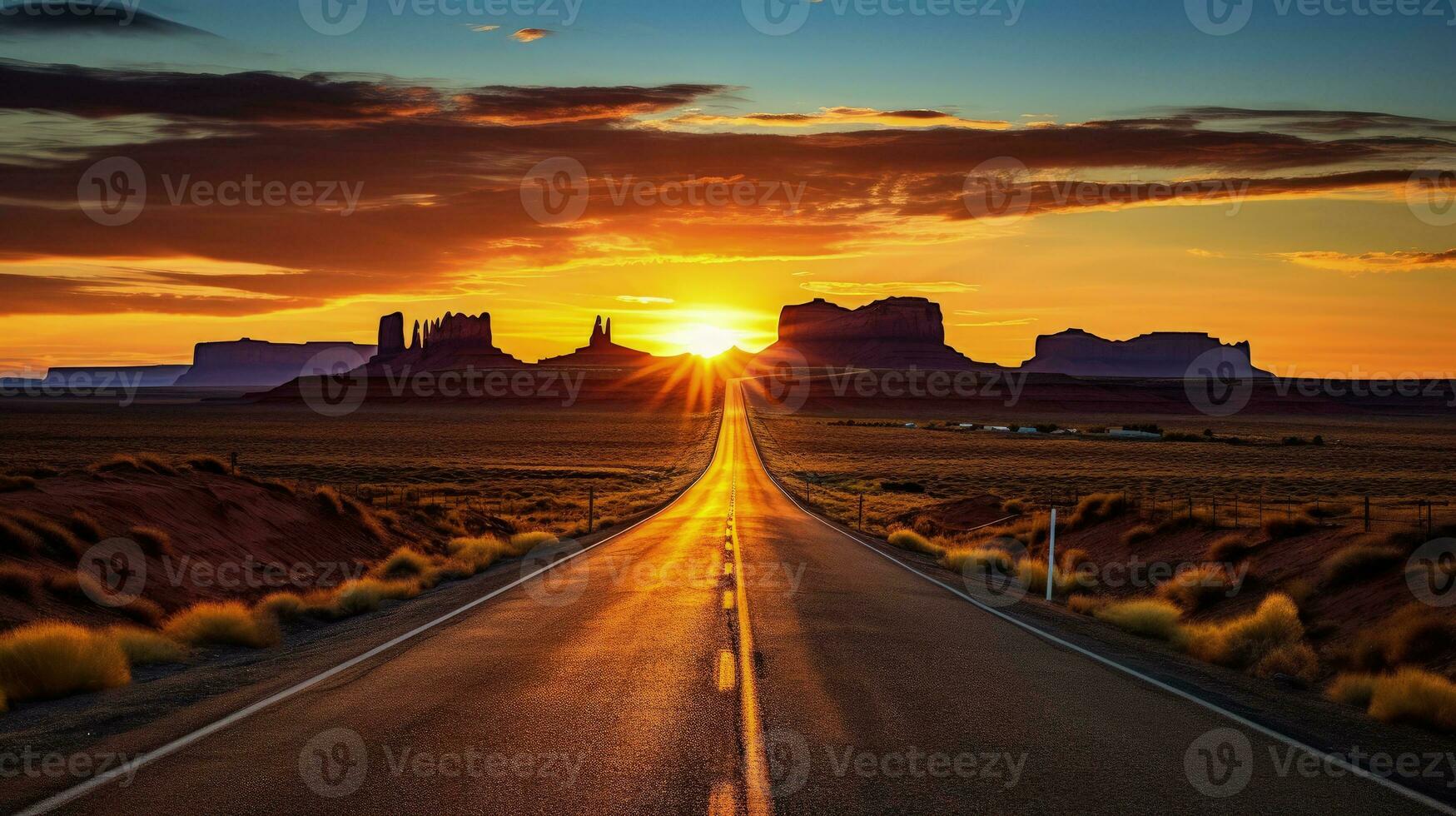 Sunrise on scenic road heading to Monument Valley Park in Utah. silhouette concept photo