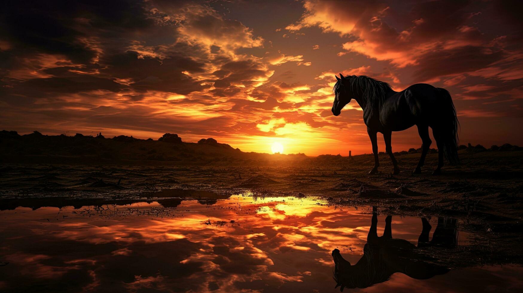 Horizon with equine companion. silhouette concept photo