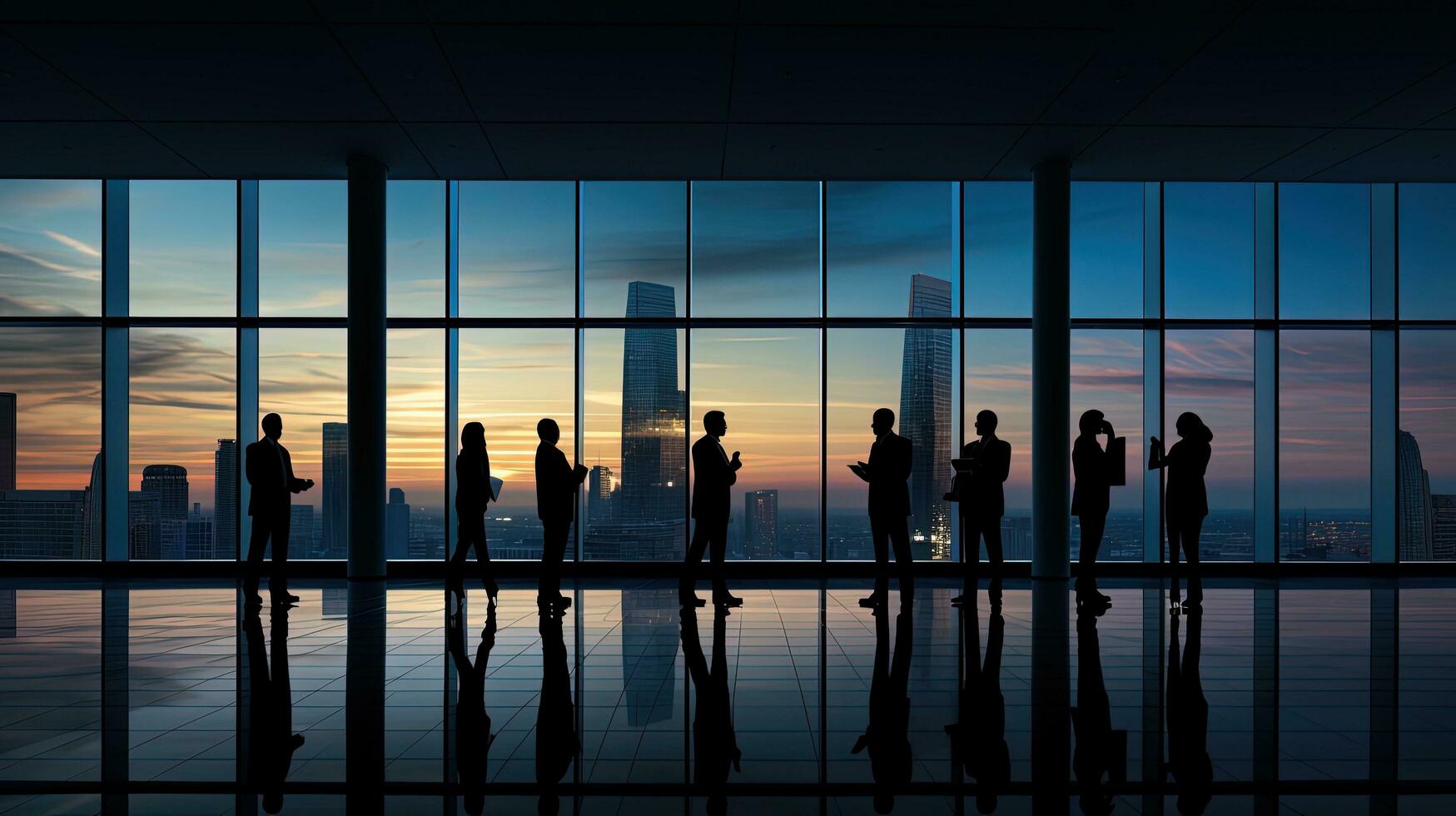 Colorized silhouettes in contemporary office building photo