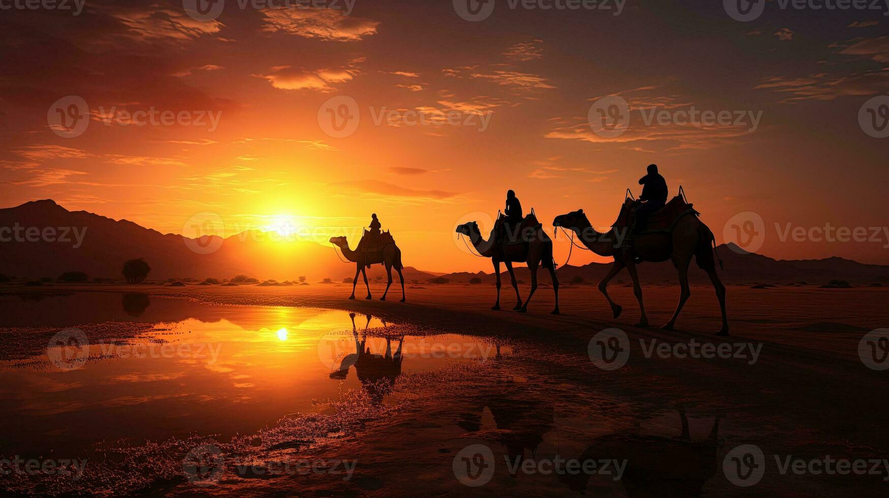 Riders on camels during sunset. silhouette concept photo