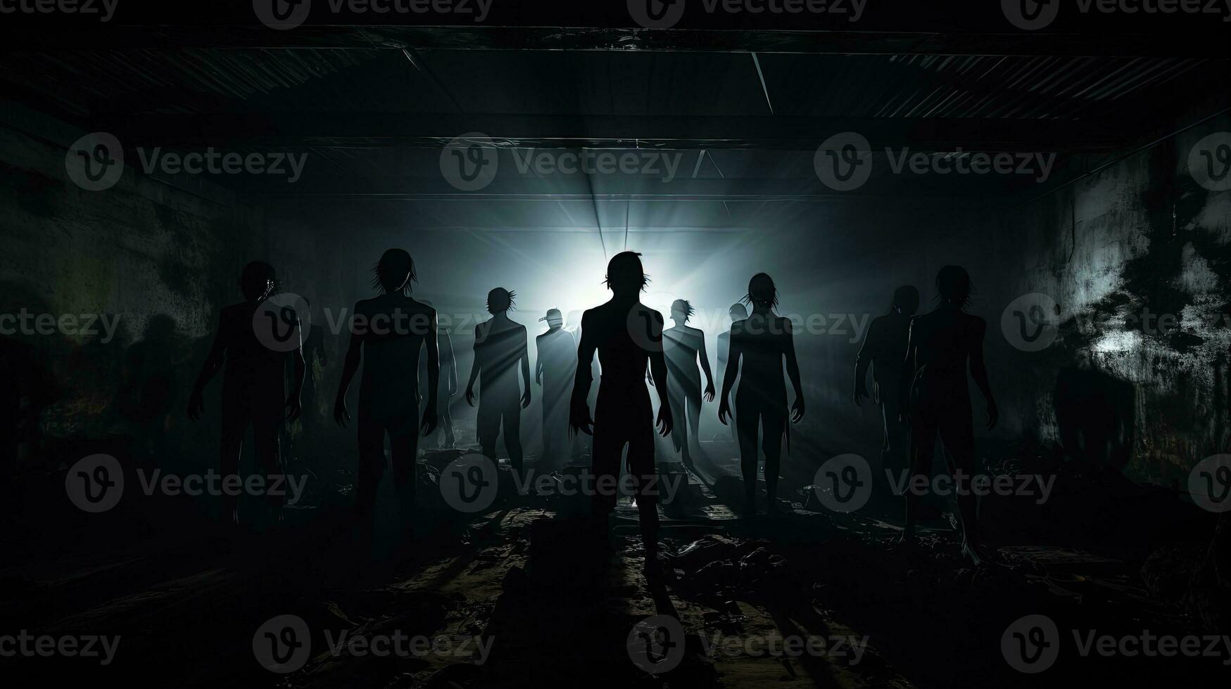 Spooky silhouettes of horror zombies standing in a dark abandoned building photo