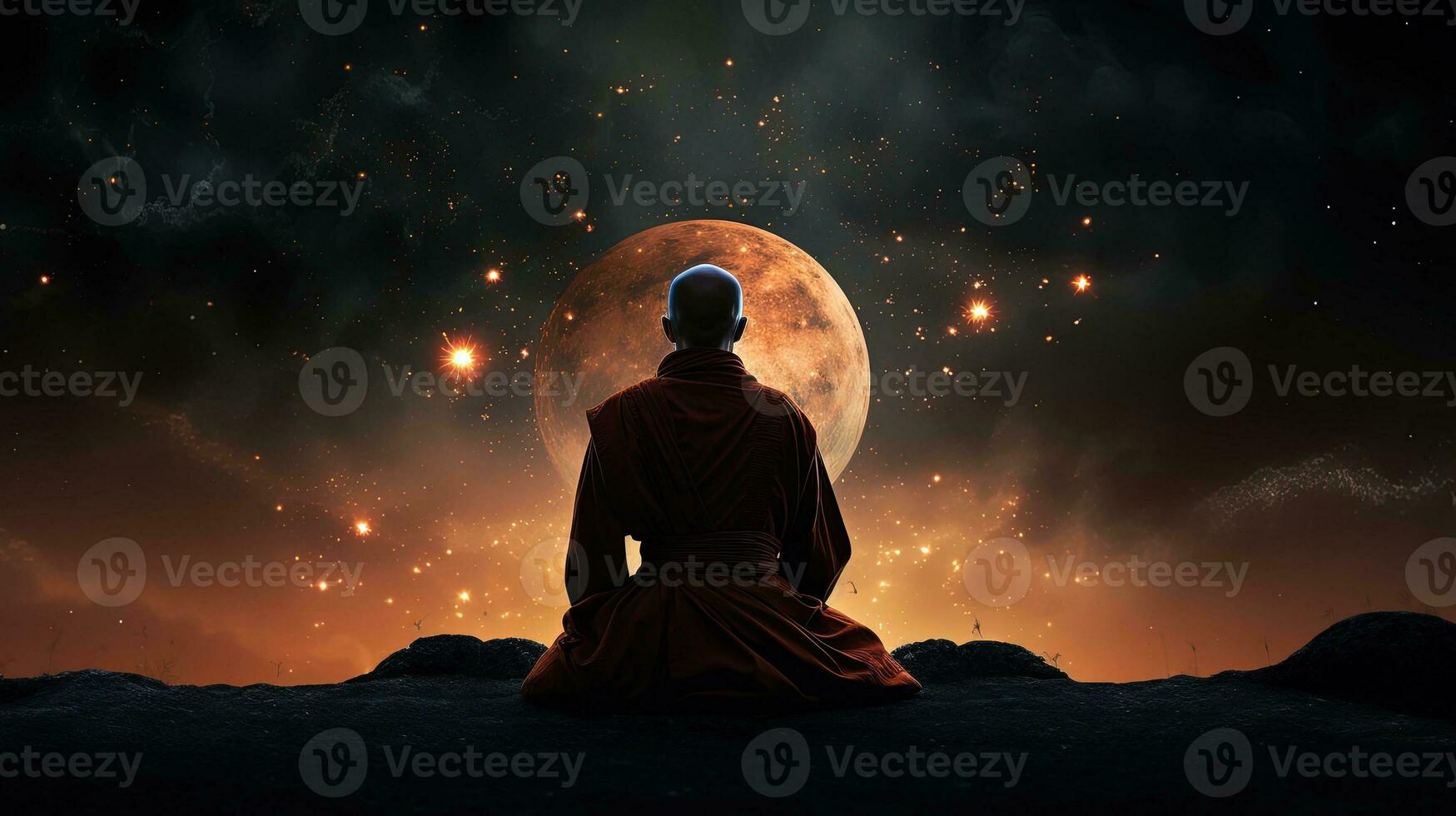 Buddhist monk observing the cosmos. silhouette concept photo