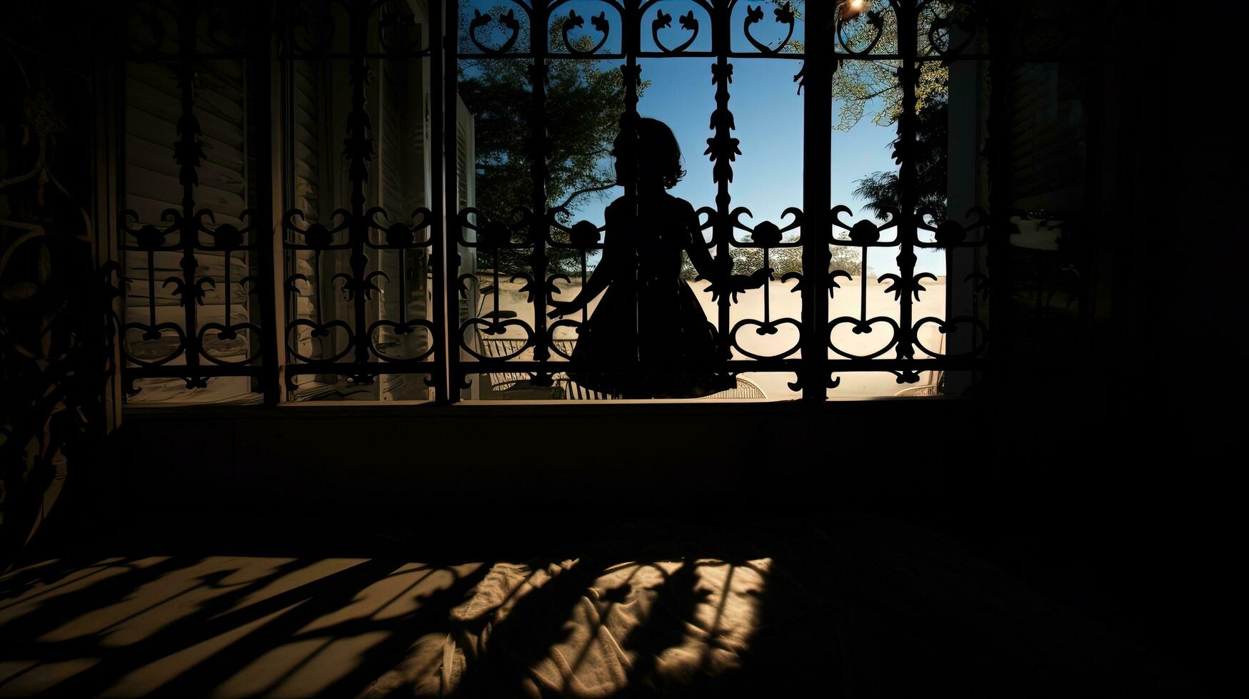 The little girl s terrifying shadow on the trellis. silhouette concept photo